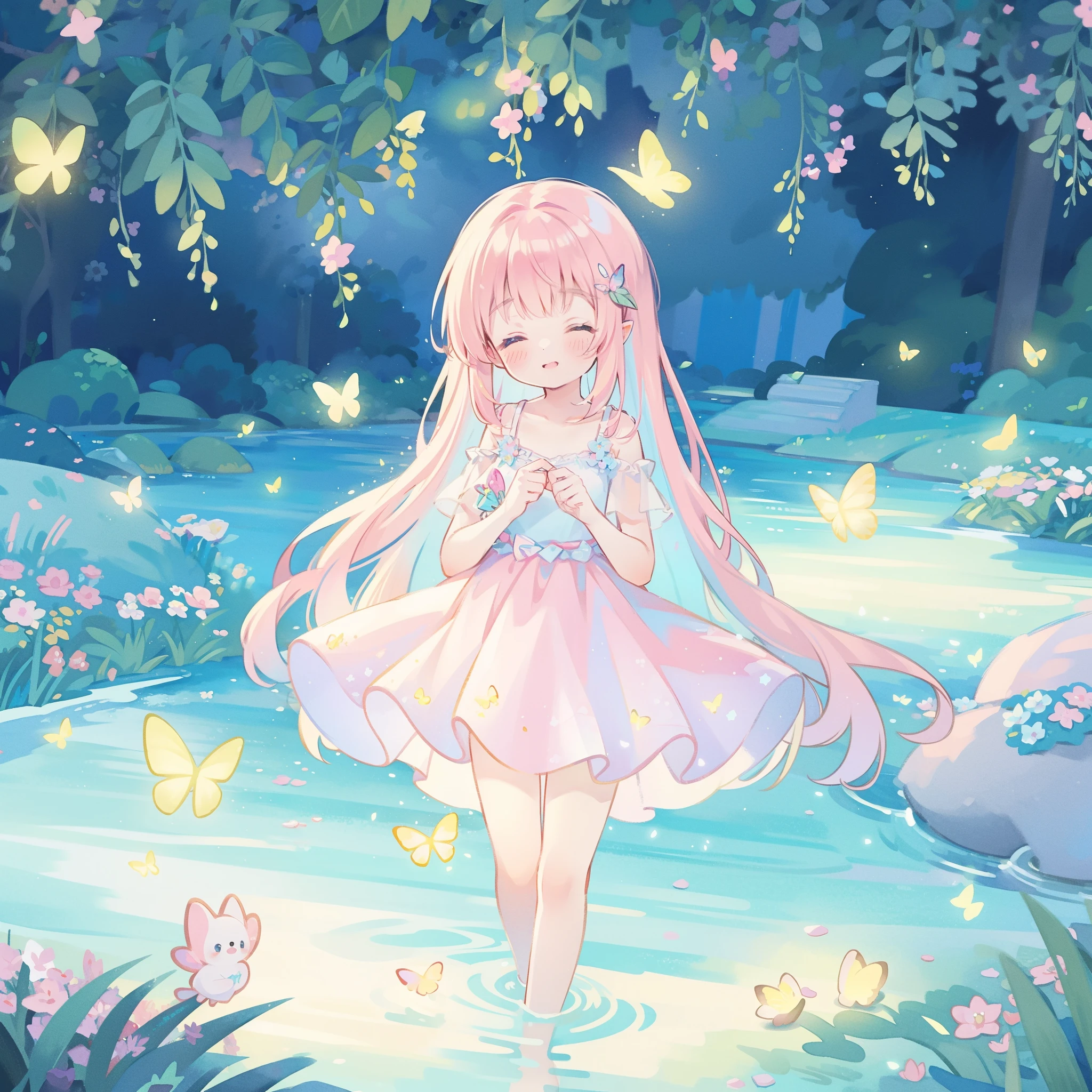 watercolor illustration, vibrant pastel colors, dreamy, colorful, whimsical, magical, masterpiece, best quality, sharp focus, intricately detailed environment, fine detail, 8k resolution, waterfall lagoon, (magical lagoon), (waterfall, lake), glowing lights, fireflies, glowing butterflies, fairy creatures, glowing fairies, beautiful girl in sparkling delicate white dress