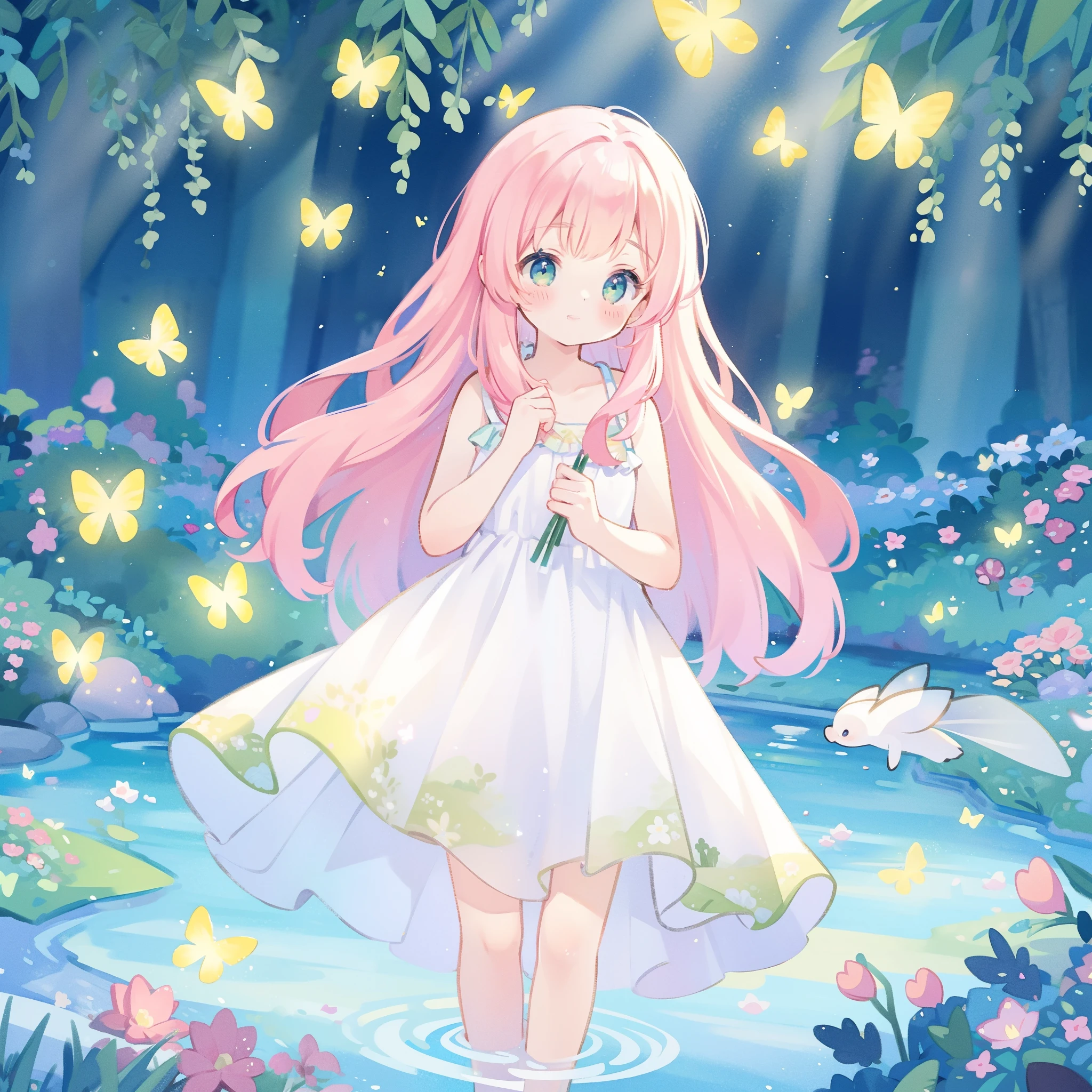watercolor illustration, vibrant pastel colors, dreamy, colorful, whimsical, magical, masterpiece, best quality, sharp focus, intricately detailed environment, fine detail, 8k resolution, waterfall lagoon, (magical lagoon), (waterfall, lake), glowing lights, fireflies, glowing butterflies, fairy creatures, glowing fairies, beautiful girl in sparkling delicate white dress