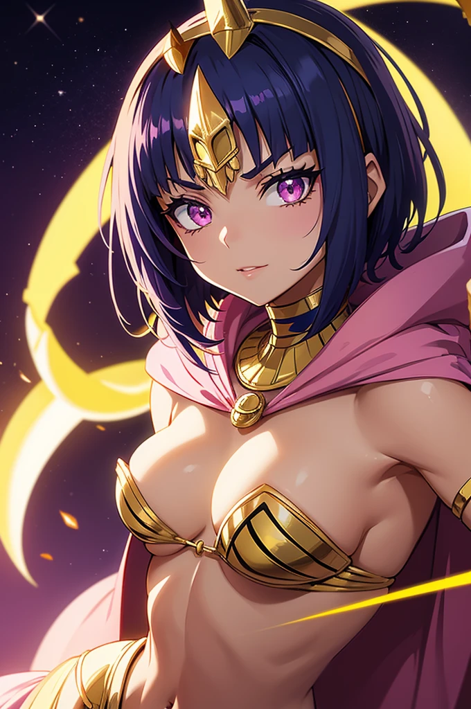 anime Egyptian Scorpion girl, short Dark blue hair, purple eyes, evil face, Light yellow hood, pink jewel on forehead, golden collar with pink crystal, Light yellow robe, light yellow cape, Long sharp dark blue Scorpion Tail, Egyptian Desert background.