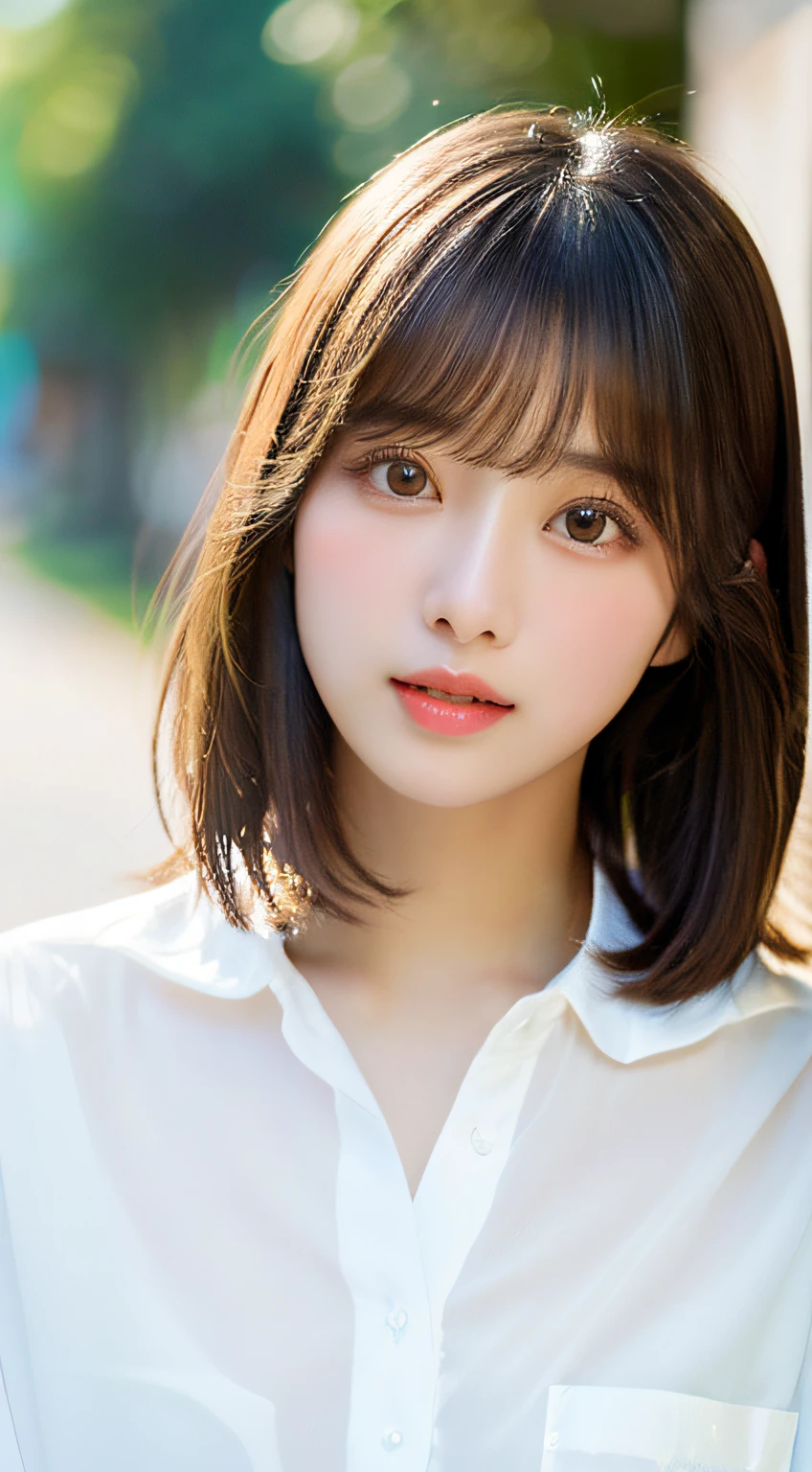 ((Beautiful and shiny、Neat straight bob hair))、En plein air, 独奏,top-quality、hyper HD、By bangs　(Beautiful fece:1.3) ((kawaii:1.3))、(()) White shirt　decolletage　Natural color lips　(Lori)  Sense of cleanliness　Pure　half-open lips　((kawaii)) ((frontage))