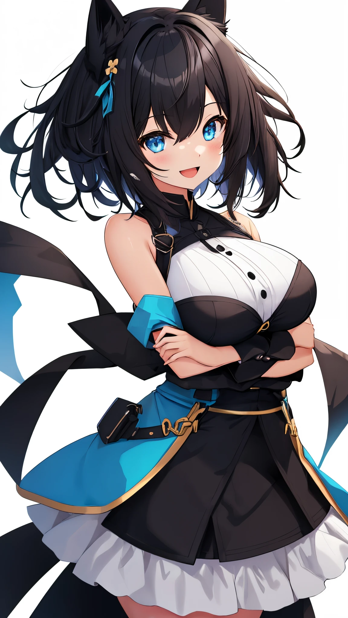 Looking at Viewer, simple background、Cute backgrounds, 1girl in, Open mouth, Smile, Virtual Youtuber、girl with、((Best Quality, high_resolution, Distinct_image)),(Black hair), (Black cat ears), (Ahoge), (absurdly short hair), (Wavy Hair), (Blue eyes),、A smile、Very big breasts、concept-art、((View Viewer))。