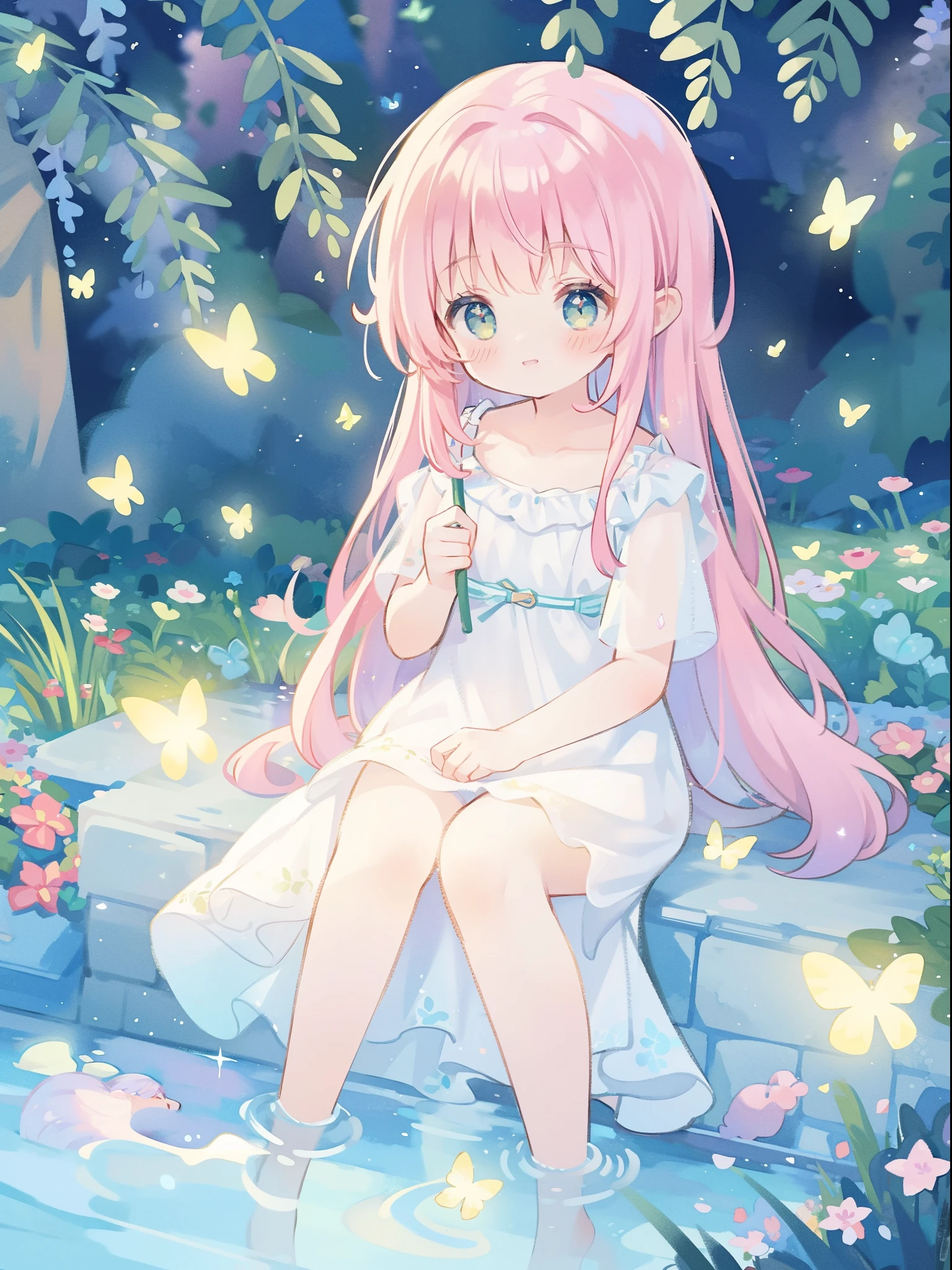 Anime girl sitting on a stone bench in a garden with flowers - SeaArt AI