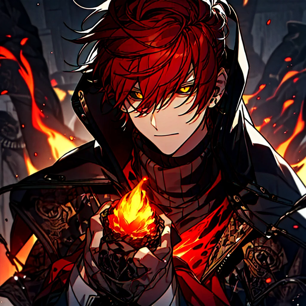 Adult man with red hair, yellow eyes, black sclera, he wears a black turtleneck shirt and wears a crimson coat, closed mouth, (serious), (flames surrounding him).