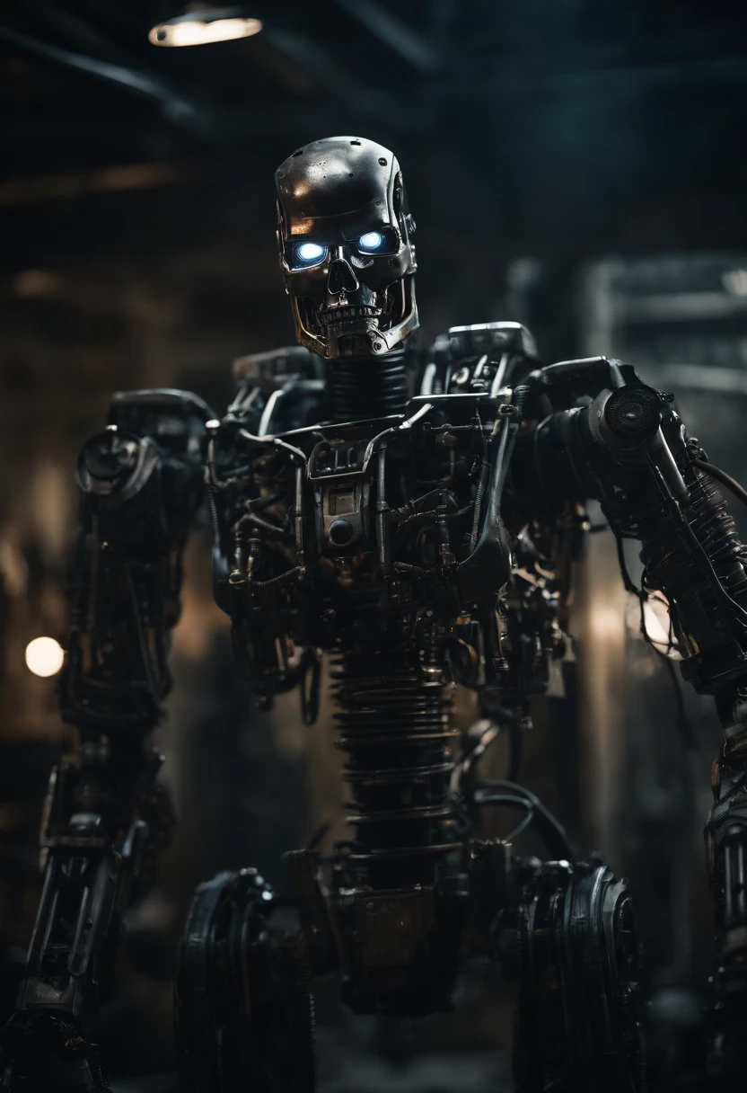 Generate a high quality image in an intricate AI Terminator made out of steel, hydraulics and computer parts, have an extensive eerie background symbolizing an aftermath of war