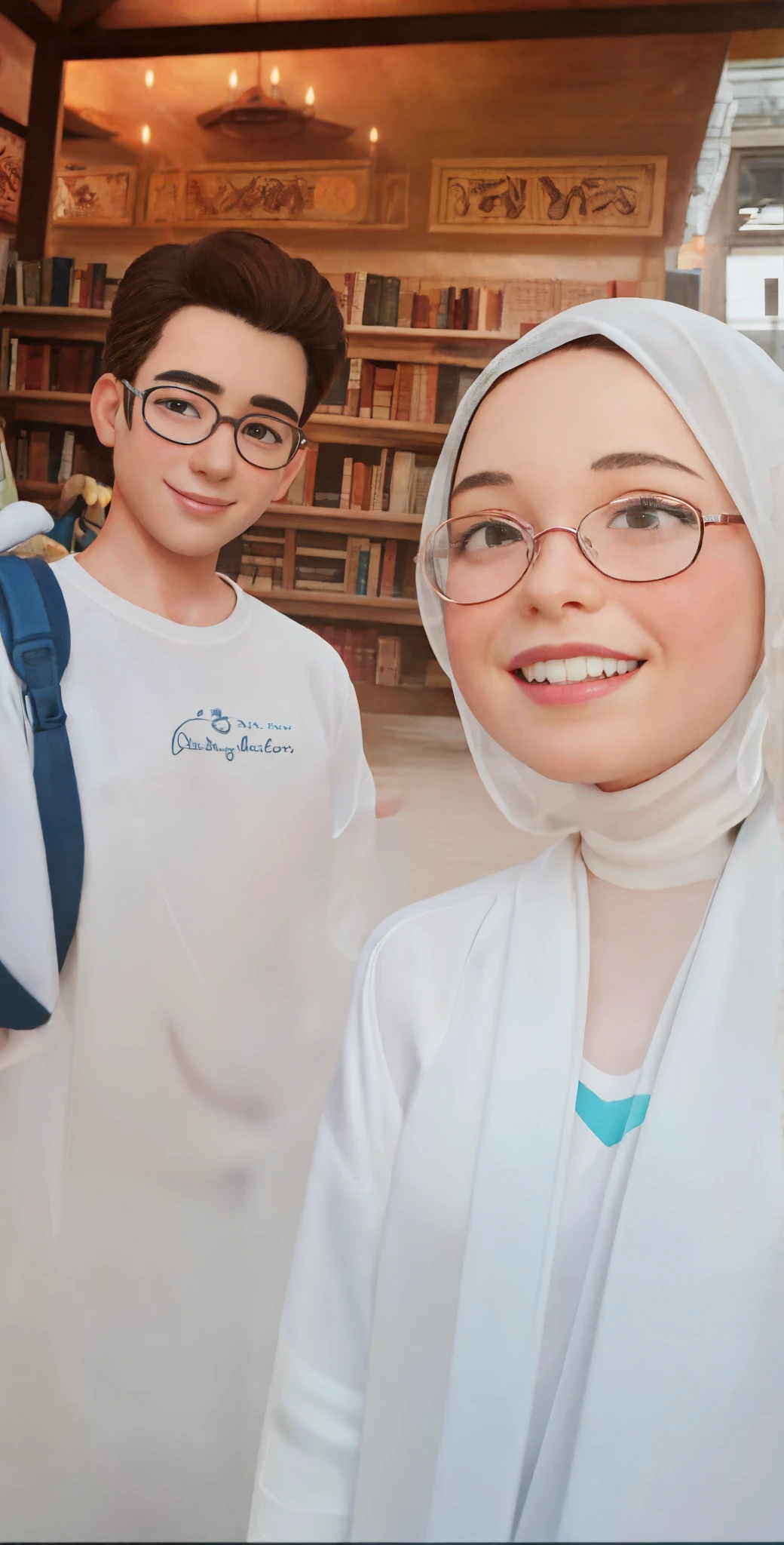 Disney Pixar cartoon characters , man and girl smile , lovers , he wear white t-shirts with a glasses and brown hair , she wear white Veil and blouse in a library ((oversaturated)), snapchat photo, with a orientalist smileful face, portait photo profile picture, photo portrait, 📷 mungojerrie and rumpleteazer, headshot profile picture, profile picture 1024px