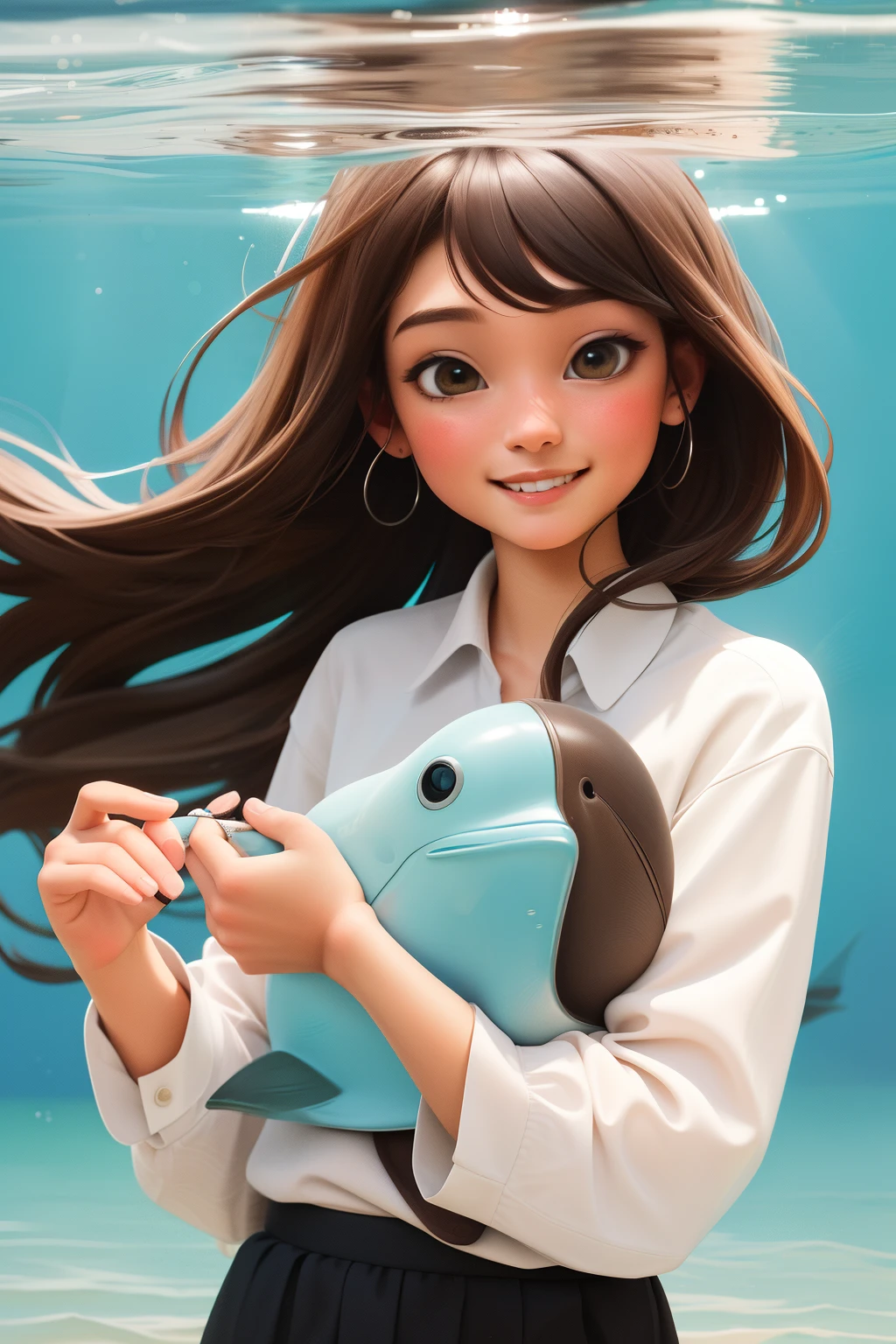 (masterpiece), (best quality), Photo Realistic, (extreme detailed), (1 girl), (pretty cute girl), smile, slender, brown long hair, bluewish, playing with gray dolphin, in the under water, upper body, original, extremely detailed wallpaper, (parfect detail features), 16k,