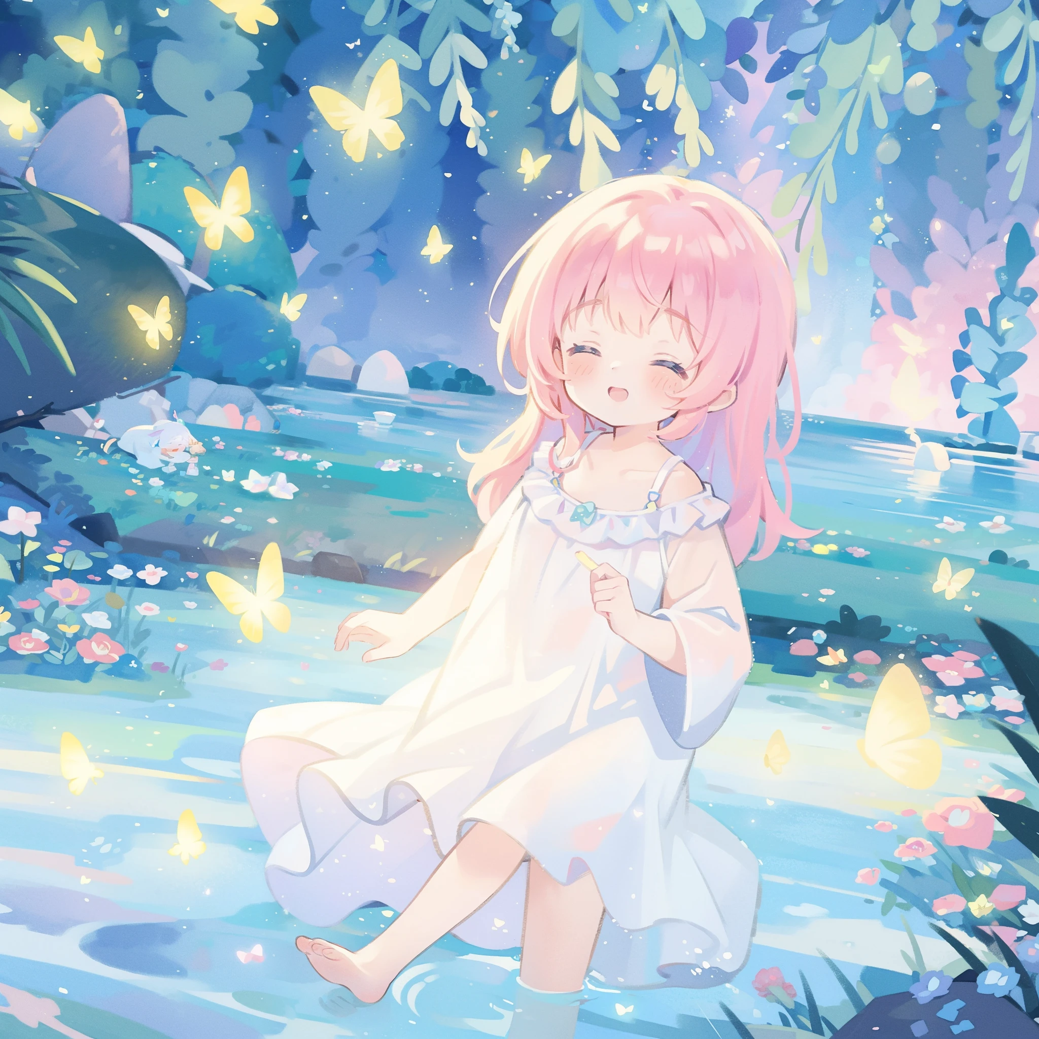 watercolor illustration, vibrant pastel colors, dreamy, colorful, whimsical, magical, masterpiece, best quality, sharp focus, intricately detailed environment, fine detail, 8k resolution, waterfall lagoon, (magical lagoon), (waterfall, lake), glowing lights, fireflies, glowing butterflies, fairy creatures, glowing fairies, beautiful girl in sparkling delicate white dress