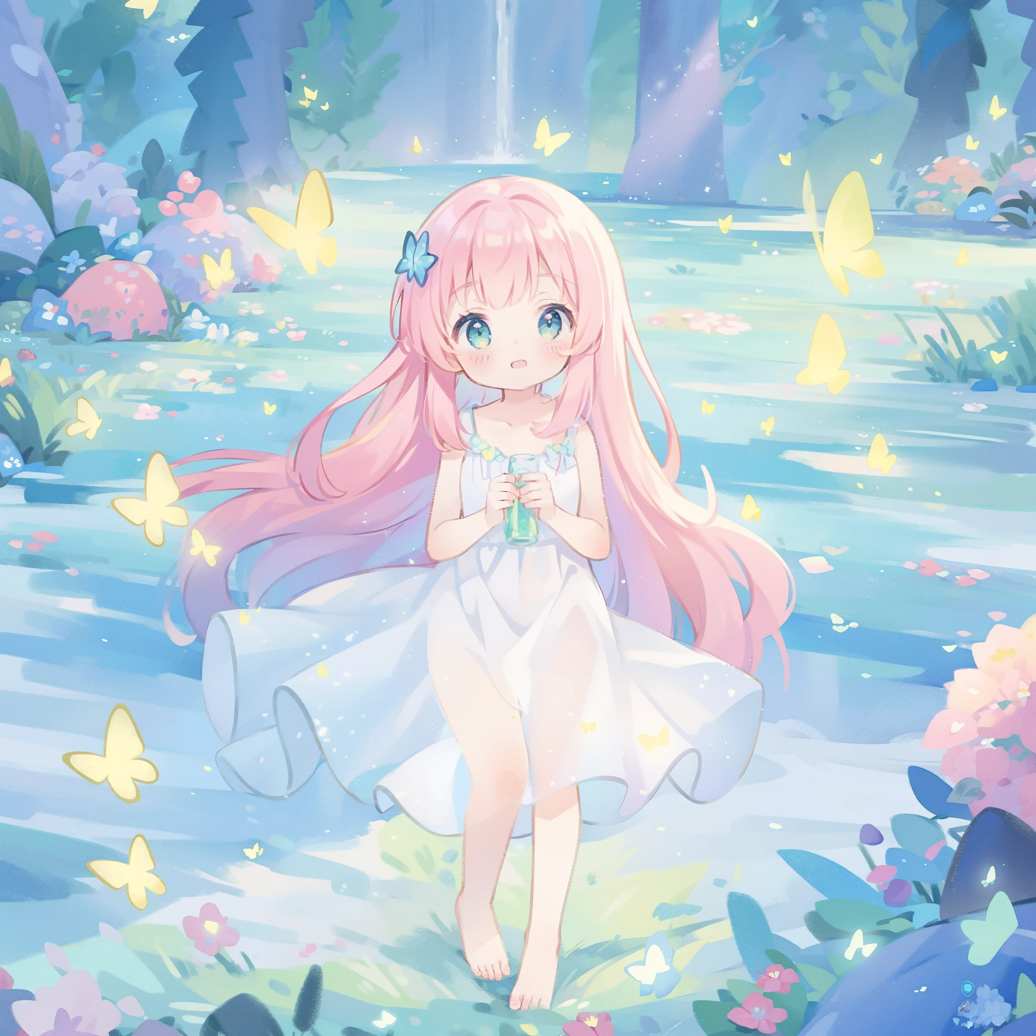 watercolor illustration, vibrant pastel colors, dreamy, colorful, whimsical, magical, masterpiece, best quality, sharp focus, intricately detailed environment, fine detail, 8k resolution, waterfall lagoon, (magical lagoon), (waterfall, lake), glowing lights, fireflies, glowing butterflies, fairy creatures, glowing fairies, beautiful girl in sparkling delicate white dress