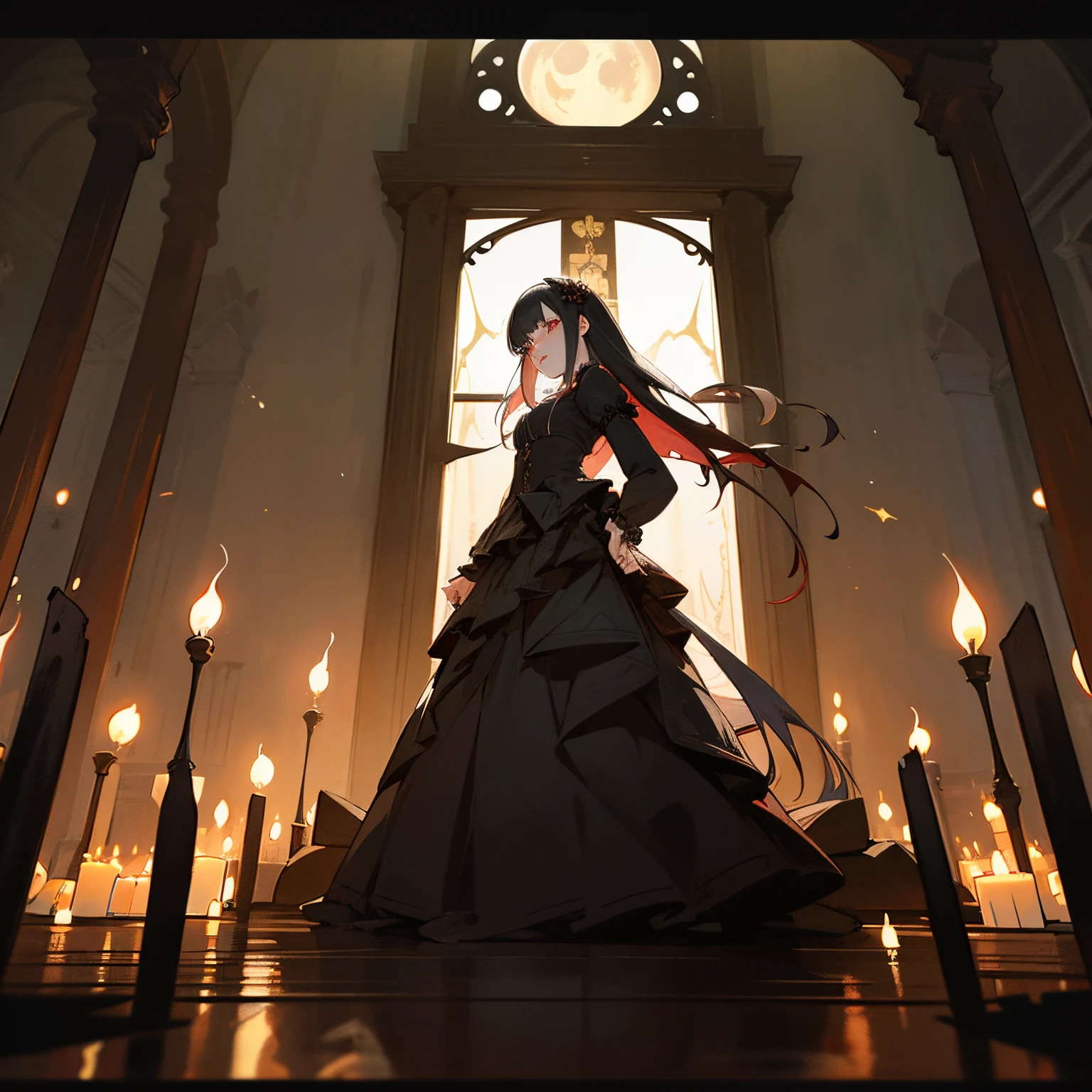 anime style panoramic image, noite, vemos a lua cheia pela janela aberta, Gothic vampire woman, cabelo preto curto, bite marks on the neck, colonial porch door of gothic mansion, mal iluminado, lu Z de velas, in the legend of the mansion. Several coffins on the floor