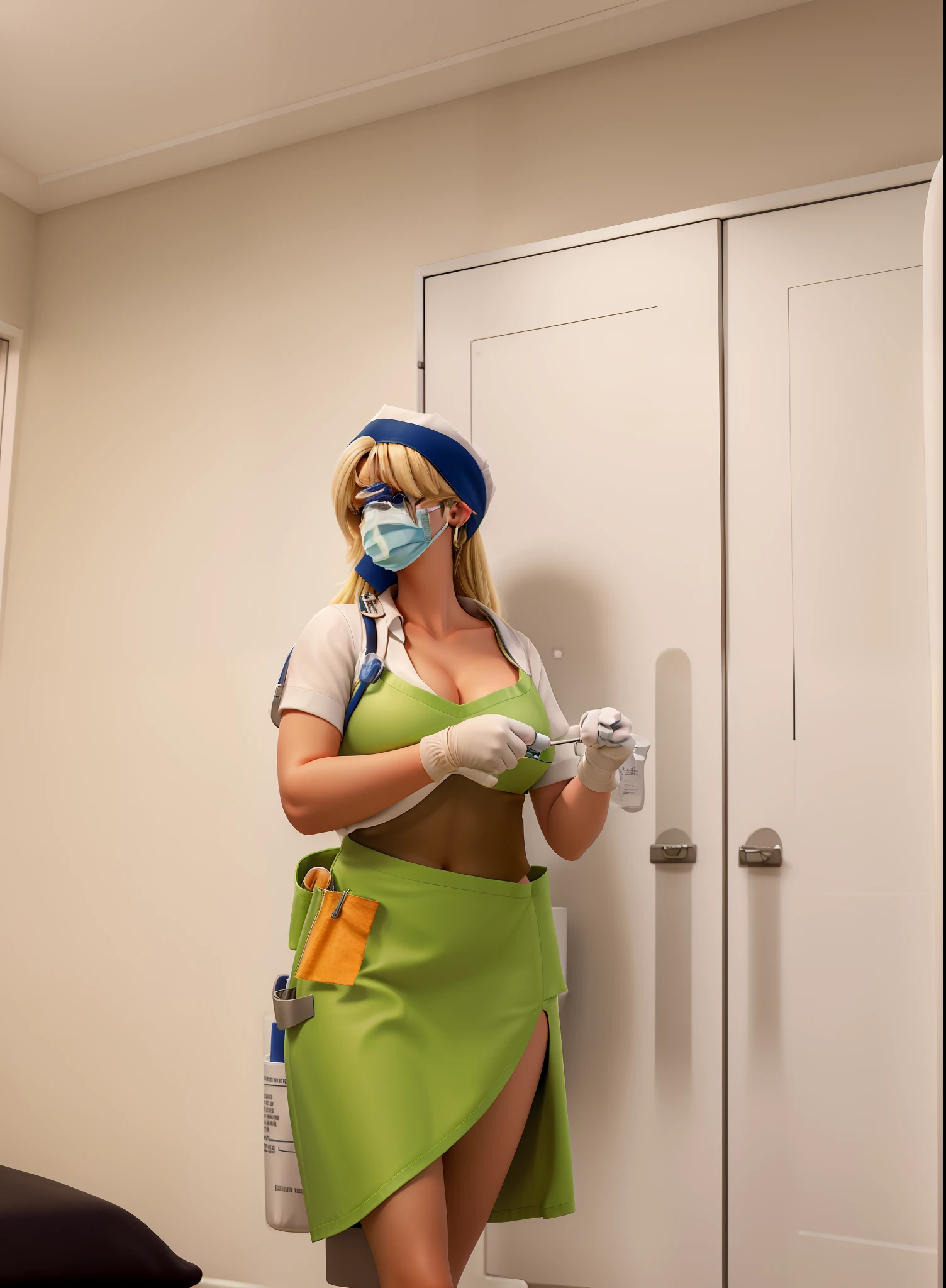 masterpiece, best quality, blonde Female nurse with a surgical mask putting on gloves at hospital, white nurse outfit