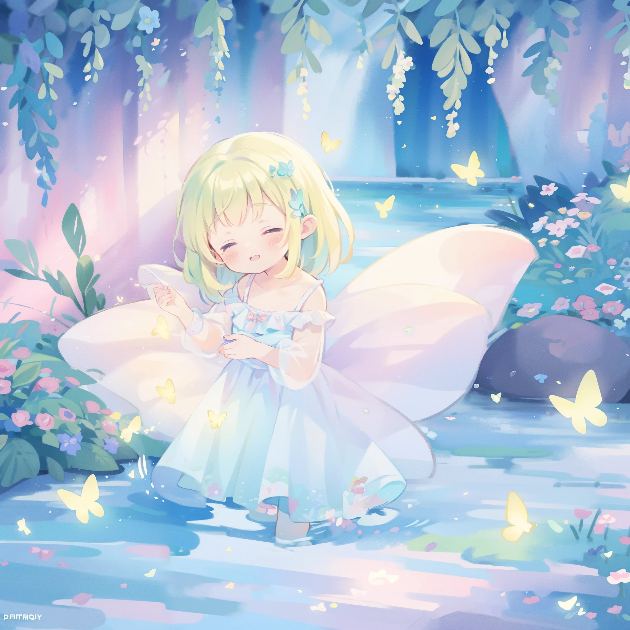watercolor illustration, vibrant pastel colors, dreamy, colorful, whimsical, magical, masterpiece, best quality, sharp focus, intricately detailed environment, fine detail, 8k resolution, waterfall lagoon, (magical lagoon), (waterfall, lake), glowing lights, fireflies, glowing butterflies, fairy creatures, glowing fairies, beautiful girl in sparkling delicate white dress