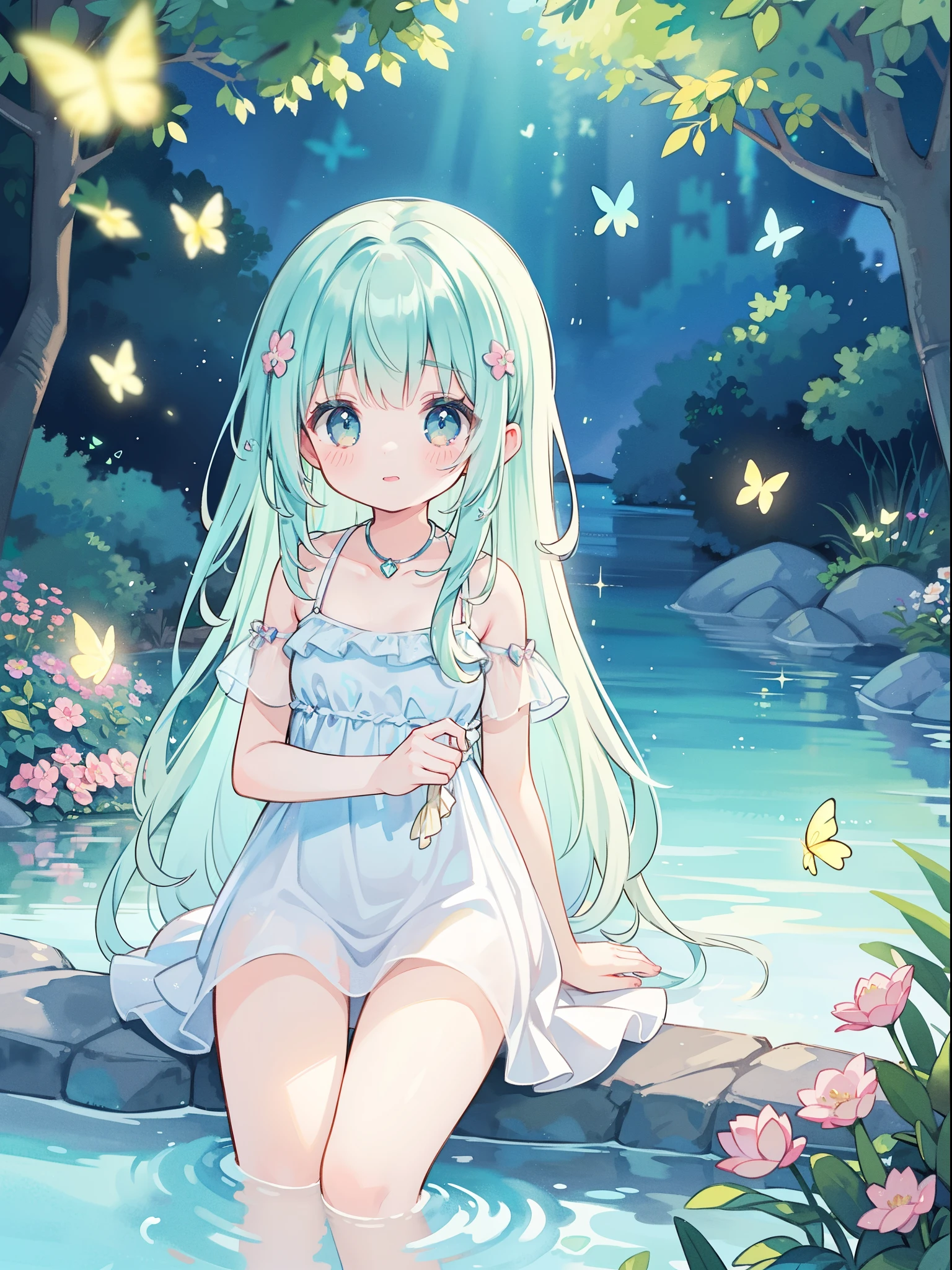 watercolor illustration, vibrant pastel colors, dreamy, colorful, whimsical, magical, masterpiece, best quality, sharp focus, intricately detailed environment, fine detail, 8k resolution, waterfall lagoon, (magical lagoon), (waterfall, lake), glowing lights, fireflies, glowing butterflies, fairy creatures, glowing fairies, beautiful girl in sparkling delicate white dress