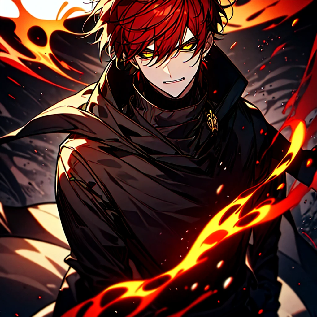 Adult man with red hair, yellow eyes, black sclera, he wears a black turtleneck shirt and wears a crimson coat, closed mouth, (serious), (flames surrounding him).