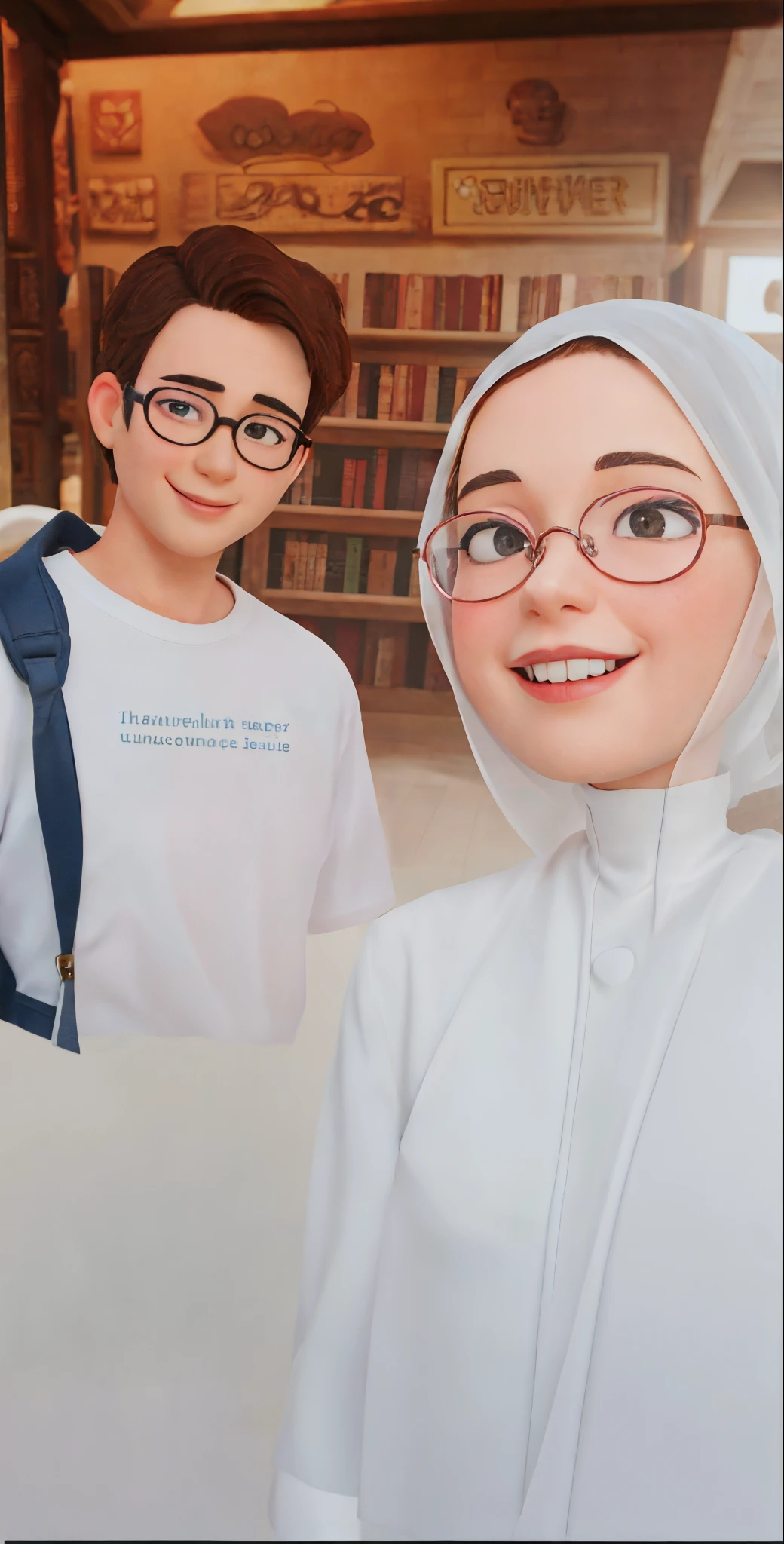 Disney Pixar cartoon characters , man and girl smile , lovers , he wear white t-shirts with a glasses and brown hair , black pantie, she wear white Veil and blouse in a library ((oversaturated)), snapchat photo, with a orientalist smileful face, portait photo profile picture, photo portrait, 📷 mungojerrie and rumpleteazer, headshot profile picture, profile picture 1024px