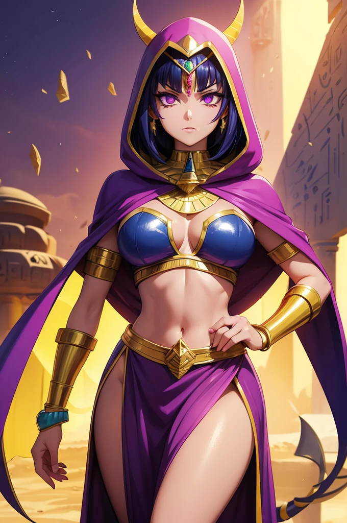 anime Egyptian Scorpion woman, short Dark blue hair, purple eyes, evil face, Light yellow hood, pink jewel on forehead, golden collar with pink crystal, Light yellow robe, light yellow cape, Long sharp dark blue Scorpion Tail, Egyptian Desert background.