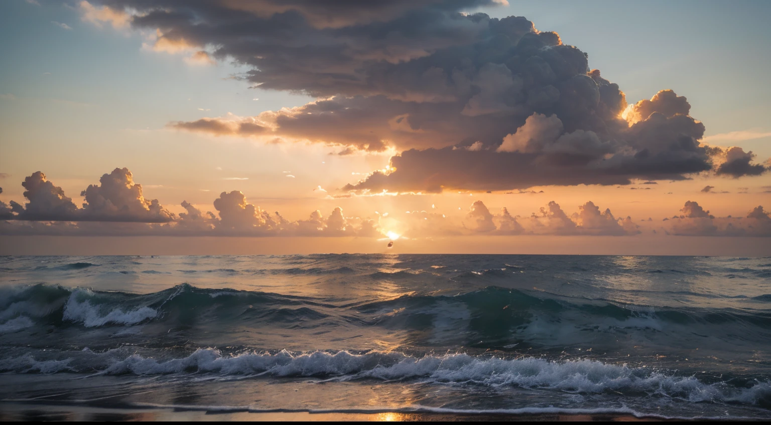 O sol, uma esfera de fogo dourado, began its majestic descent into the horizon, dyeing the sky with warm and soft tones. Nuances de laranja, rosa e roxo se misturavam em uma paleta celestial, while the clouds drew ethereal patterns, reflecting the twilight light. The sun's rays gently danced over the calm waters, transformando o oceano em um espelho cintilante.