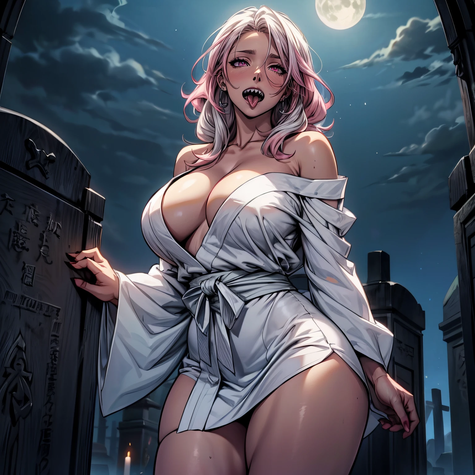 Masterpiece, 1girl,solo,huge breasts, ghost costume , (hitodama) ,night, tombstone, graveyard, long sleeves, very long sleeves, , ghost, pale skin,, off shoulder, cleavage, no bra, (((extremely long white hair))), standing by tombstone, bare legs, shredded tattered clothes, curvy wide hips, massive breasts, chubby thighs, (((beautiful bright pink anime eyes))), japanese graveyard, full lips, beautiful mature face, MILF dark lighting, ((WIDE OPEN MOUTH WITH SHARP TEETH))