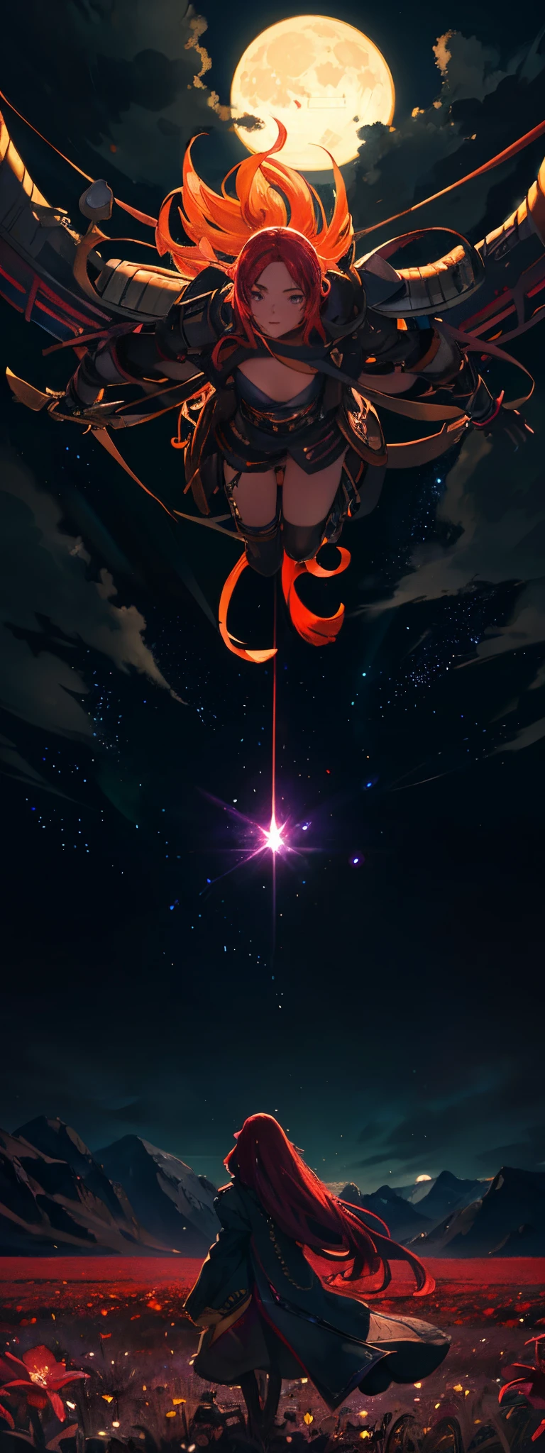 expansive landscape photograph , (a view from below that shows sky above and open field below), a girl standing on flower field looking up, (full moon:1.2), ( shooting stars:0.9), (nebula:1.3), distant mountain, tree BREAK
production art, (warm light source:1.2), (Firefly:1.2), lamp, lot of purple and orange, intricate details, volumetric lighting BREAK
(masterpiece:1.2), (best quality), 4k, ultra-detailed, (dynamic composition:1.4), highly detailed, colorful details,( iridescent colors:1.2), (glowing lighting, atmospheric lighting), dreamy, magical, (solo:1.2)