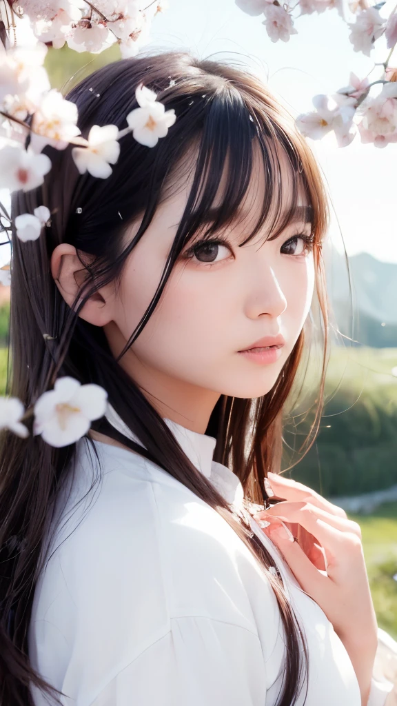 (A logo、masterpiece、8K、masutepiece、Raw photo、Fantastic、Best Quality、Photorealistic、extremely detailed CG unified 8k wallpaper、hightquality、ighly detailed、epic poem、Particle effect、Dynamic effects、depth of fields、Cinematic Light、Lens Flare、Ray tracing)、Fantasia、 (Beauty 1 person、White Japanese Clothing、Japanese dress、White cherry blossom pattern、White cherry blossom embroidery pattern、A dark-haired、Beautiful face、Real Face、Beautiful detail eyes、Beautiful skin)、Hair flutters in the wind、Hair jumps、Pink cherry blossom tree、Petals flutter、Sakura blizzard、Superb view、morning glow、Sun in the background、the wind、Deities、tusk、myth、Vast Land、