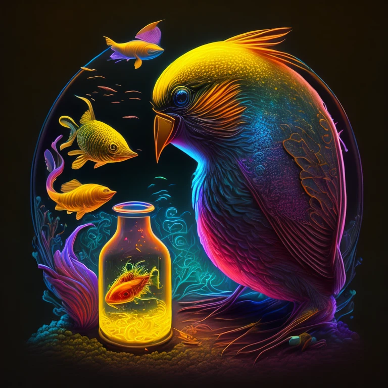 a mutation of a canary and a fish, arte surreal, estampa (noite), personagem (mutation), arte detalhes perfeitos, arte em vetor/neon light, amber/bege/ciano/cores de luxo