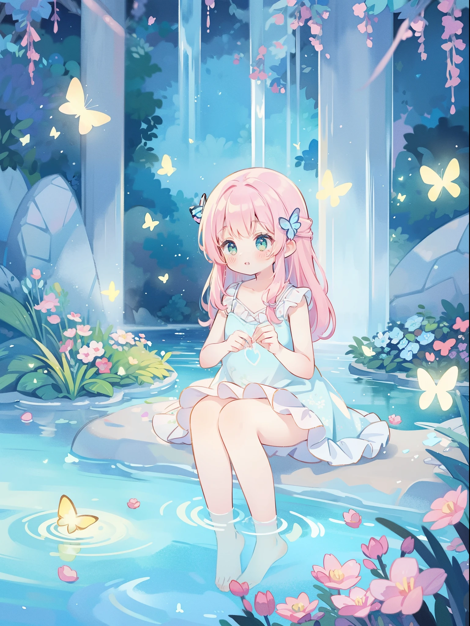 watercolor illustration, vibrant pastel colors, dreamy, colorful, whimsical, magical, masterpiece, best quality, sharp focus, intricately detailed environment, fine detail, 8k resolution, waterfall lagoon, (magical lagoon), (waterfall, lake), glowing lights, fireflies, glowing butterflies, fairy creatures, glowing fairies, beautiful girl in sparkling delicate white dress