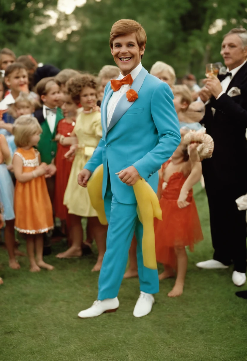 A photo of Lloyd dressed in a jester costume, entertaining a group of kids at a birthday party.,Dumb and Dumber,In terms of appearance, Lloyd is noted for his bowl-cut hairstyle, a toothy grin with a prominent chipped front tooth, and a penchant for quirky, mismatched clothes that mirror his eccentric nature. His most iconic outfit is a bright, baby blue tuxedo with a ruffled shirt, which he wears with uninhibited confidence.