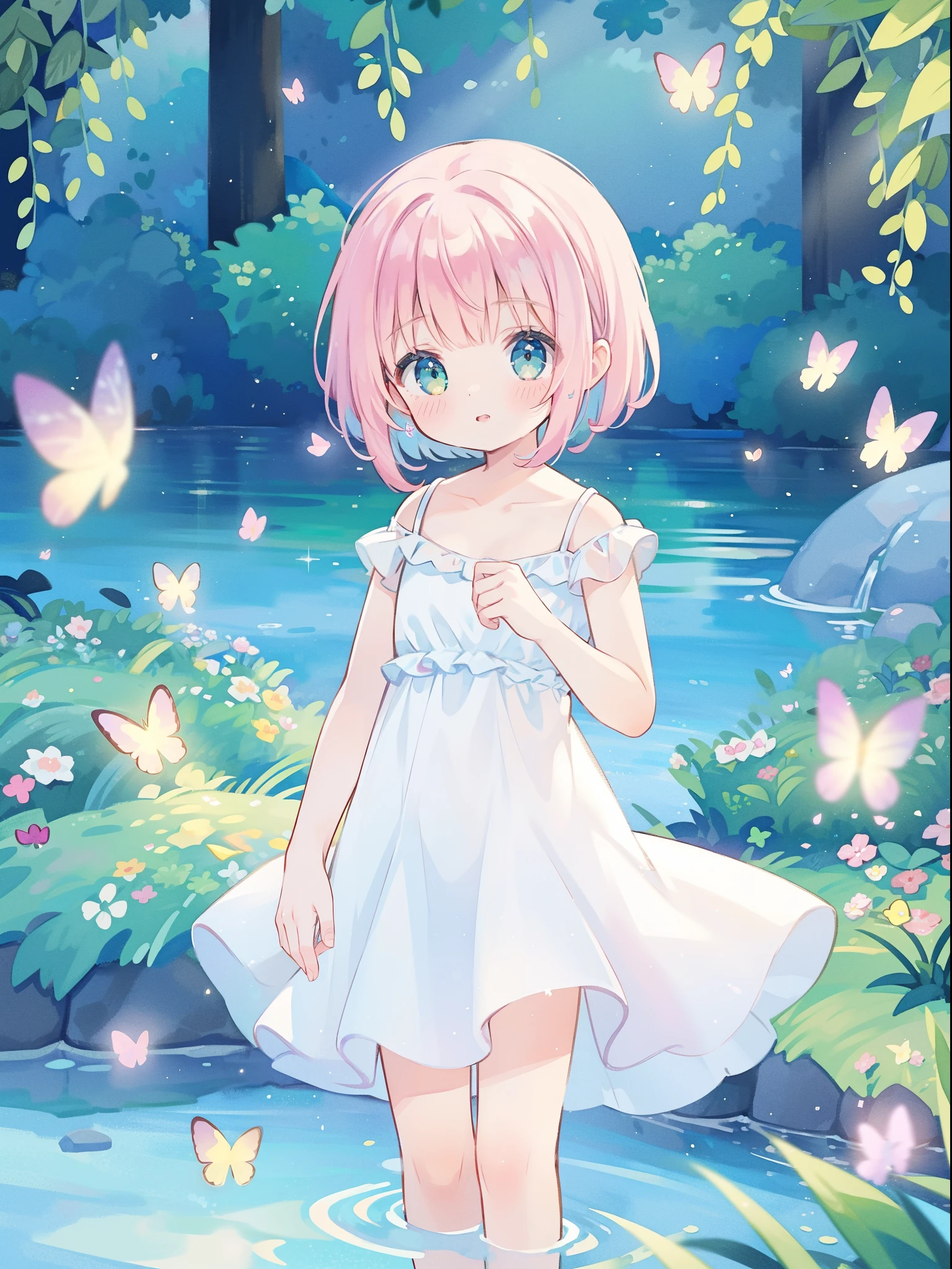 1fille, (((enfant))),fairy, cheveux azur, yeux bleu, fesses rebondies, bursting breasts, Very small breasts, mignonne, ruban dans les cheveux, flower petals, White summer dress, Fantasy Forest,lake in the background, sunny,