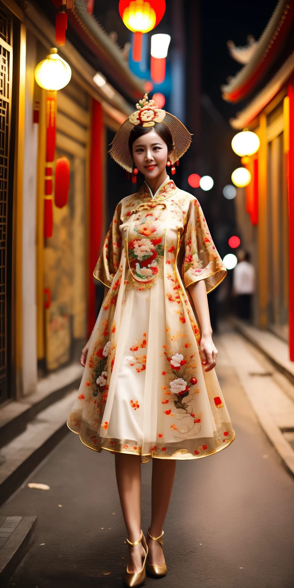 UHD, (bottom selfie view:1.1) 1 gorgeous European blonde woman、full body, she’s a model, sexy pose, subtle smile,flirting with camera, (holding the camera:1.2),,(beauty face:1.2),perfect face, perfect eyes, perfects hands, perfect breast, perfect hair, (wearing a Chinese dress:1.4), she's standing upright In a small street of 1930´s Singapour at night, dark lights, kodak gold 200 --auto --s2