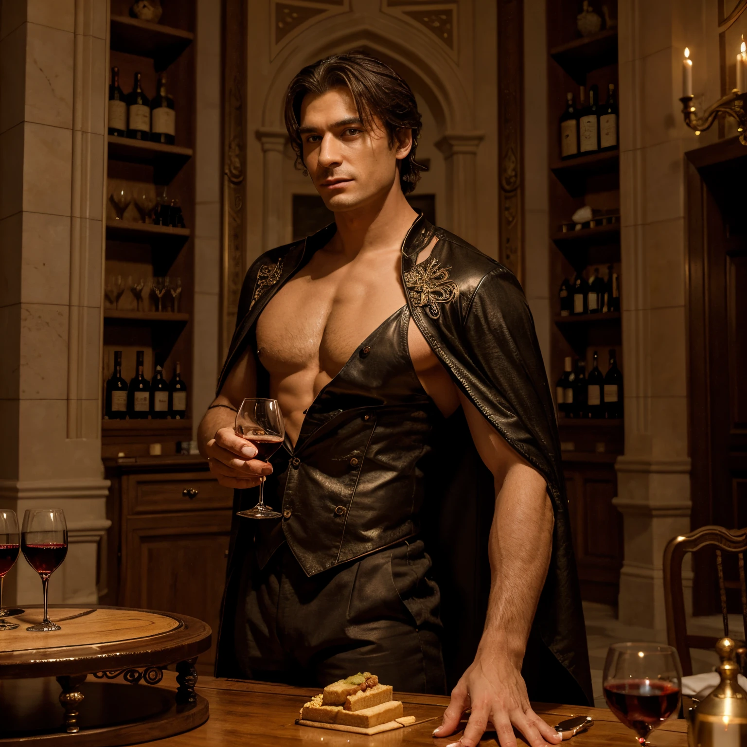 The Taste Architect generate a cinematic realistic digital detailed face male cartoonish,grand character,sommelier,well dressed wearing a cape portraying wits, intelligence ,charisma, standing tall amidst a grand castle made of wine glasses. They hold a decanter in one hand and a corkscrew in the other, ready to craft a masterpiece of flavors and aromas. The castle symbolizes their ability to construct a sensory experience that transports you to another world with every sip, add these written words on the image “the taste architect the Sommelier”