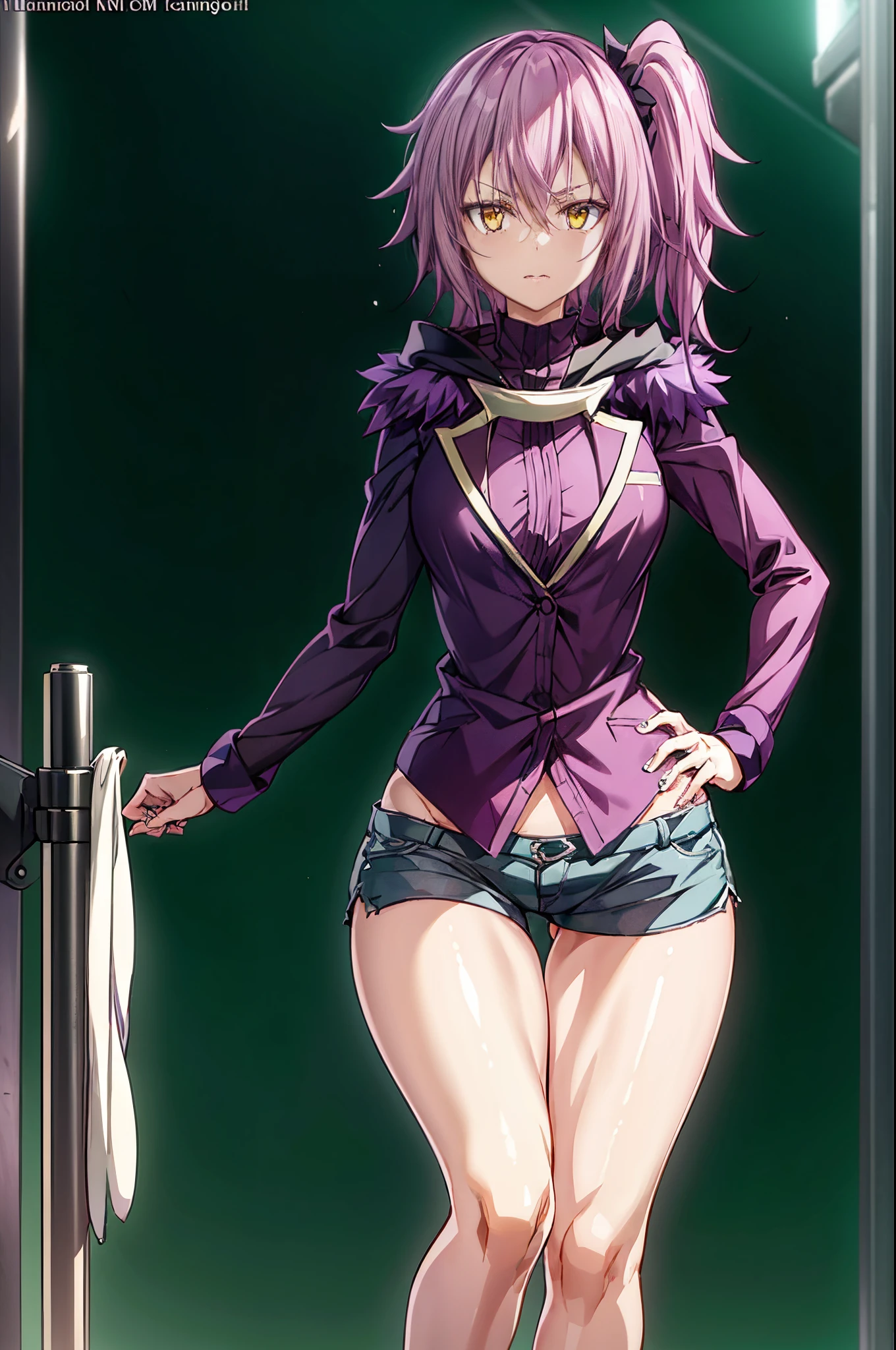 (1 girl from an anime with purple hair), on the beach with the starry sky and blood moon in the sky, 1 girl, alone, yellow eyes, purple hair, looking at me, ((last)), Wearing bikini shorts, (((side ponytail))), (((toned legs))), thick muscular thighs, thin waist, muscular belly, hands on hips, bare feet, medium breasts, reflection in eyes, bright eyes, bad mood , anime, anime style, cinematic lighting, ray tracing, Canon , panorama, 8k, UHD, masterpiece, accurate, anatomically correct, super detail, high quality, high resolution, HD, 16k