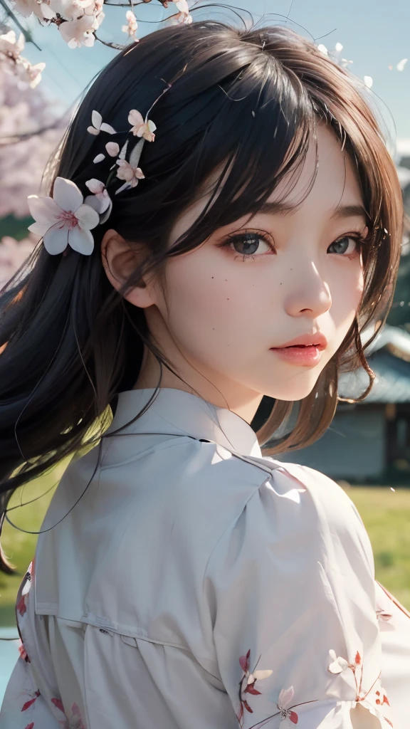 (A logo、masterpiece、8K、masutepiece、Raw photo、Fantastic、Best Quality、Photorealistic、extremely detailed CG unified 8k wallpaper、hightquality、ighly detailed、epic poem、Particle effect、Dynamic effects、depth of fields、Cinematic Light、Lens Flare、Ray tracing)、Fantasia、 (Beauty 1 person、White Japanese Clothing、Japanese dress、White cherry blossom pattern、White cherry blossom embroidery pattern、A dark-haired、Beautiful face、Real Face、Beautiful detail eyes、Beautiful skin)、Hair flutters in the wind、Hair jumps、Pink cherry blossom tree、Petals flutter、Sakura blizzard、Superb view、morning glow、Sun in the background、the wind、Deities、tusk、myth、Vast Land、