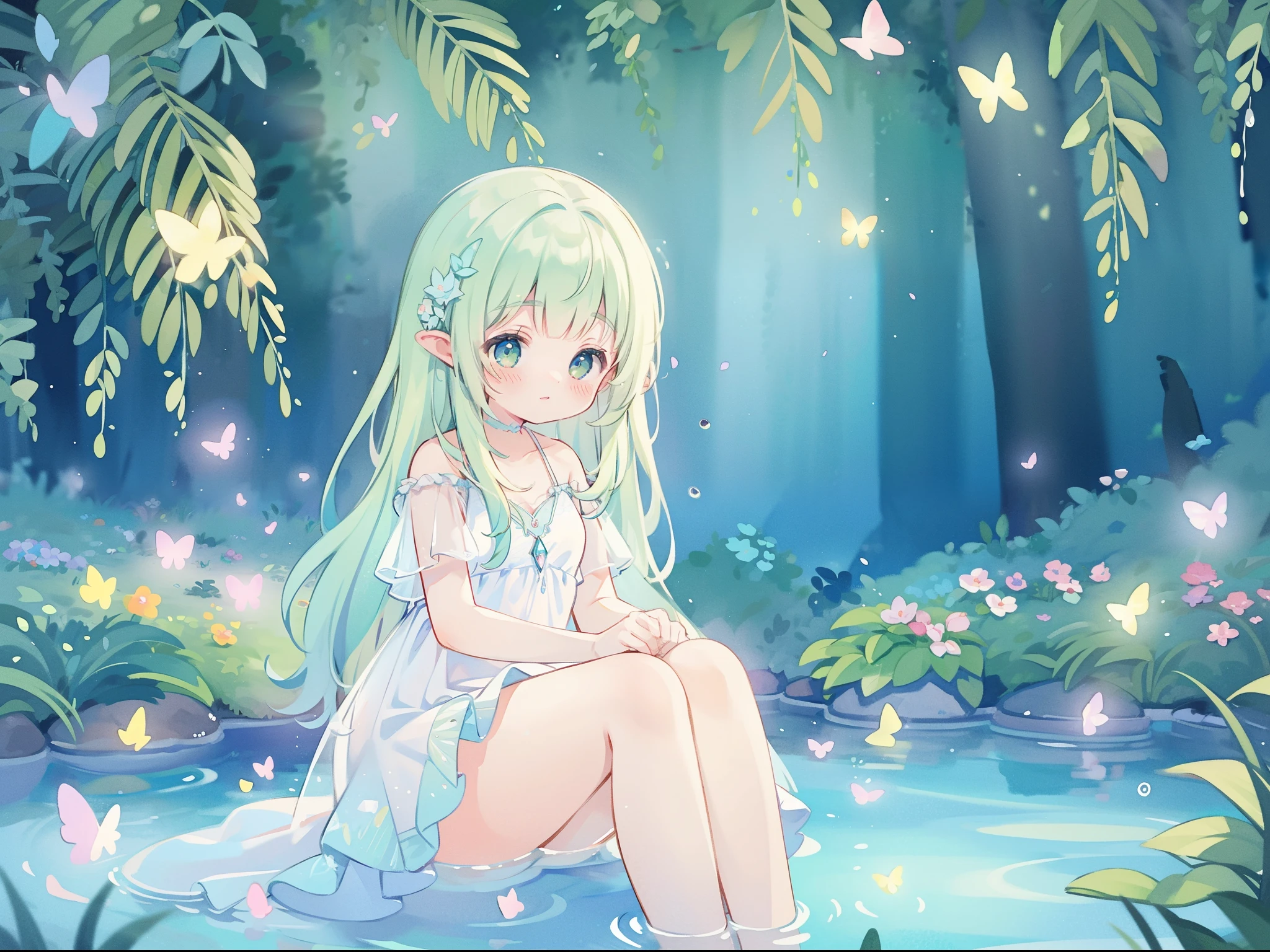 watercolor illustration, vibrant pastel colors, dreamy, colorful, whimsical, magical, masterpiece, best quality, sharp focus, intricately detailed environment, fine detail, 8k resolution, waterfall lagoon, (magical lagoon), (waterfall, lake), glowing lights, fireflies, glowing butterflies, fairy creatures, glowing fairies, beautiful girl in sparkling delicate white dress