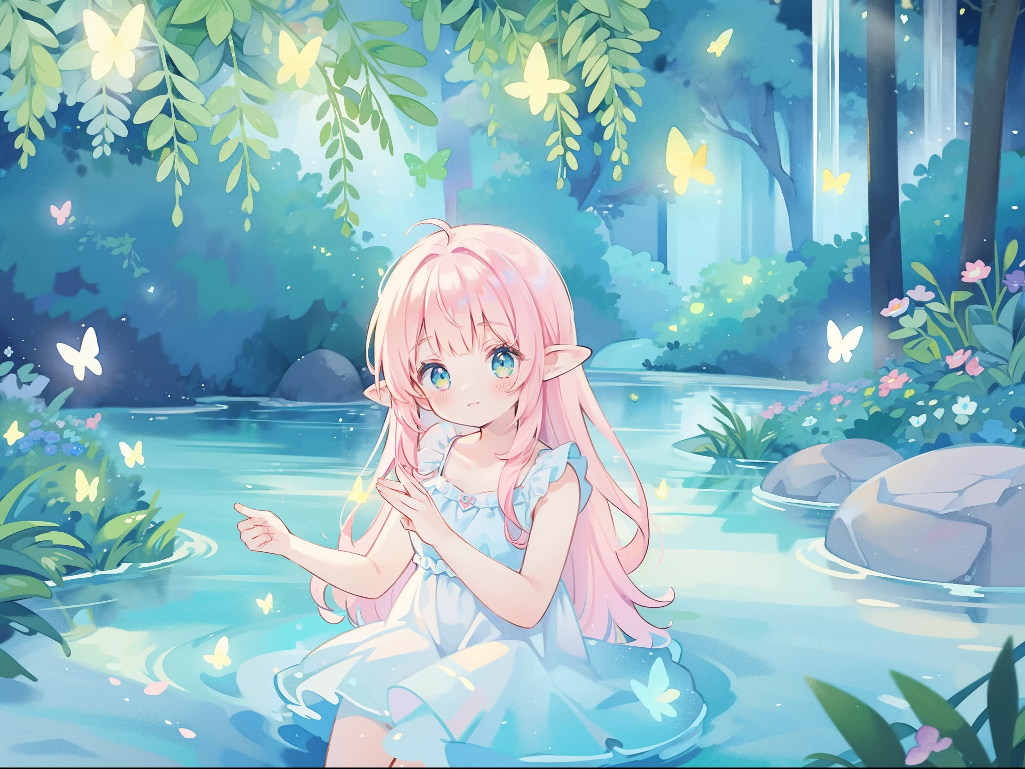 watercolor illustration, vibrant pastel colors, dreamy, colorful, whimsical, magical, masterpiece, best quality, sharp focus, intricately detailed environment, fine detail, 8k resolution, waterfall lagoon, (magical lagoon), (waterfall, lake), glowing lights, fireflies, glowing butterflies, fairy creatures, glowing fairies, beautiful girl in sparkling delicate white dress