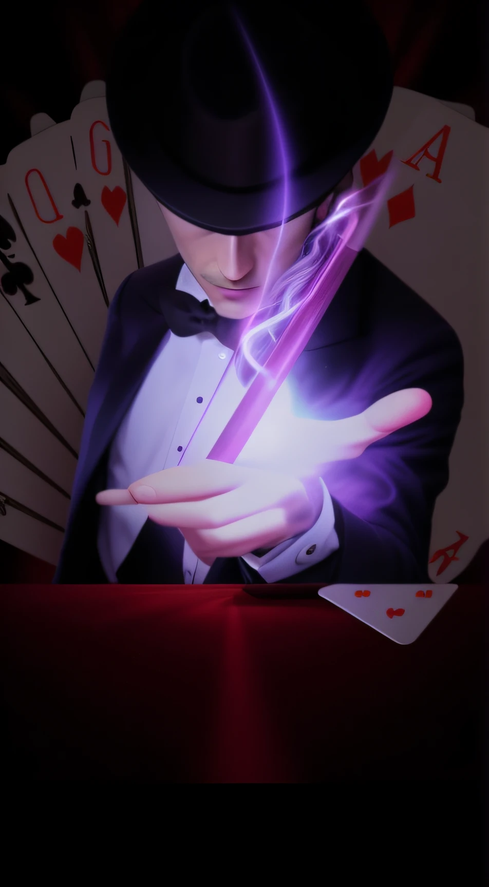 A Male Character, Short Black Hair, Green Eye, Top Hat, Wearing Social Clothing with Black Blazer with Playing Cards Flying Background, Solo