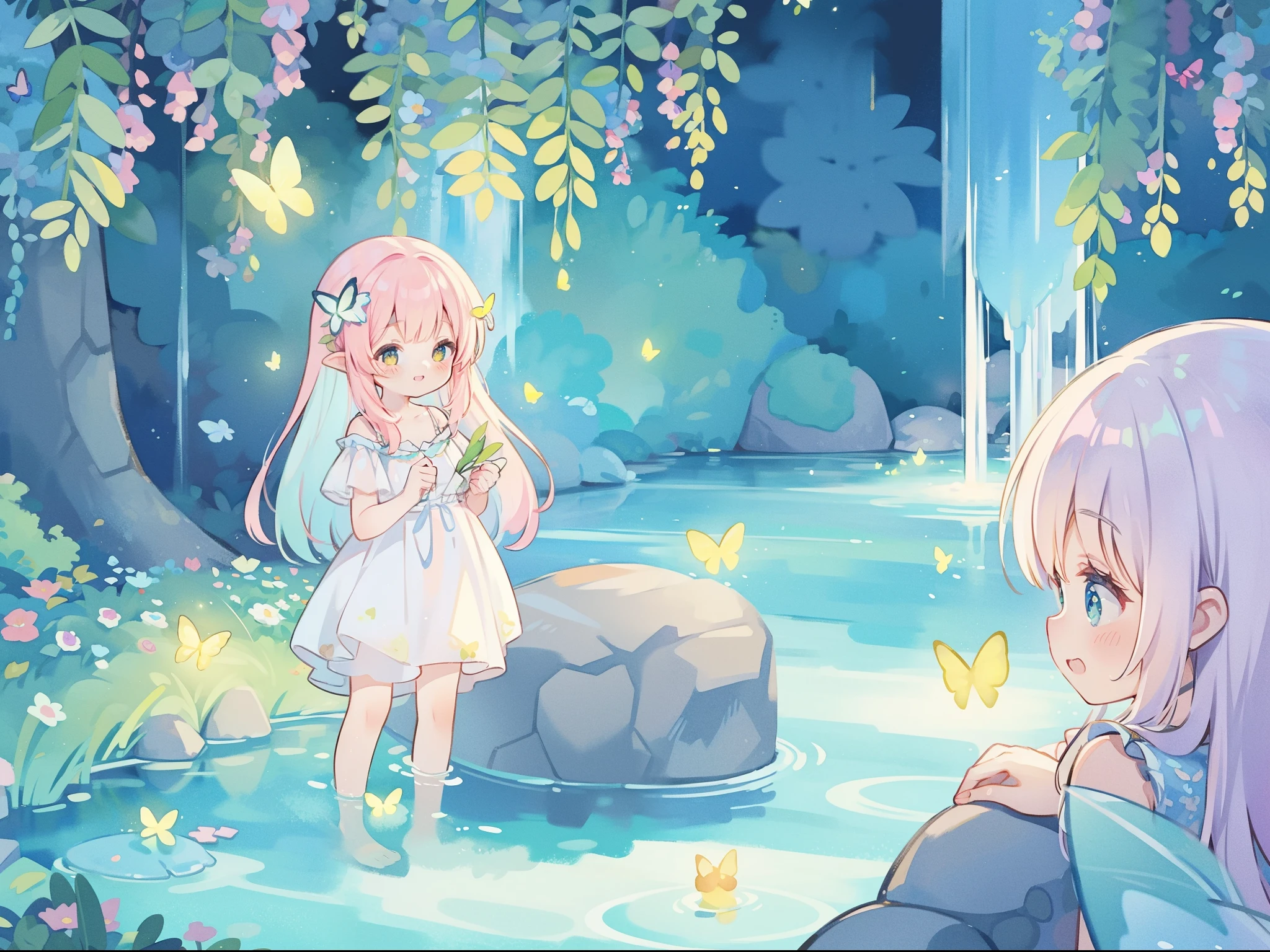 watercolor illustration, vibrant pastel colors, dreamy, colorful, whimsical, magical, masterpiece, best quality, sharp focus, intricately detailed environment, fine detail, 8k resolution, waterfall lagoon, (magical lagoon), (waterfall, lake), glowing lights, fireflies, glowing butterflies, fairy creatures, glowing fairies, beautiful girl in sparkling delicate white dress