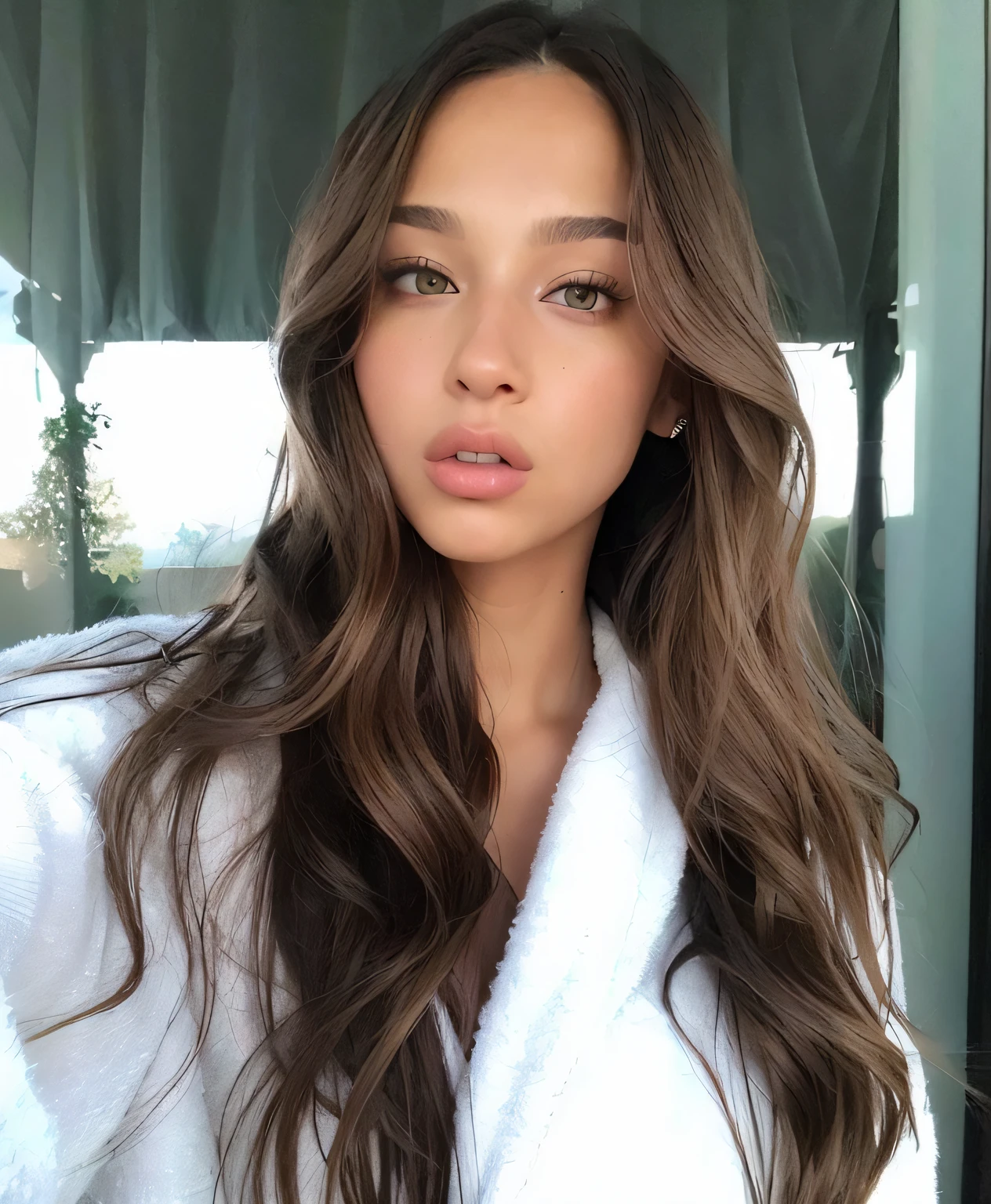a close up of a woman with long hair wearing a robe, portrait sophie mudd, brunette, long flowing brown hair, light brown long wavy hair, dark brown hair and tan skin, girl with brown hair, brown colored long hair, long wavy brown hair, long brown wavy hair, brown flowing hair, brown haired, brown long hair with bangs, light brown hair