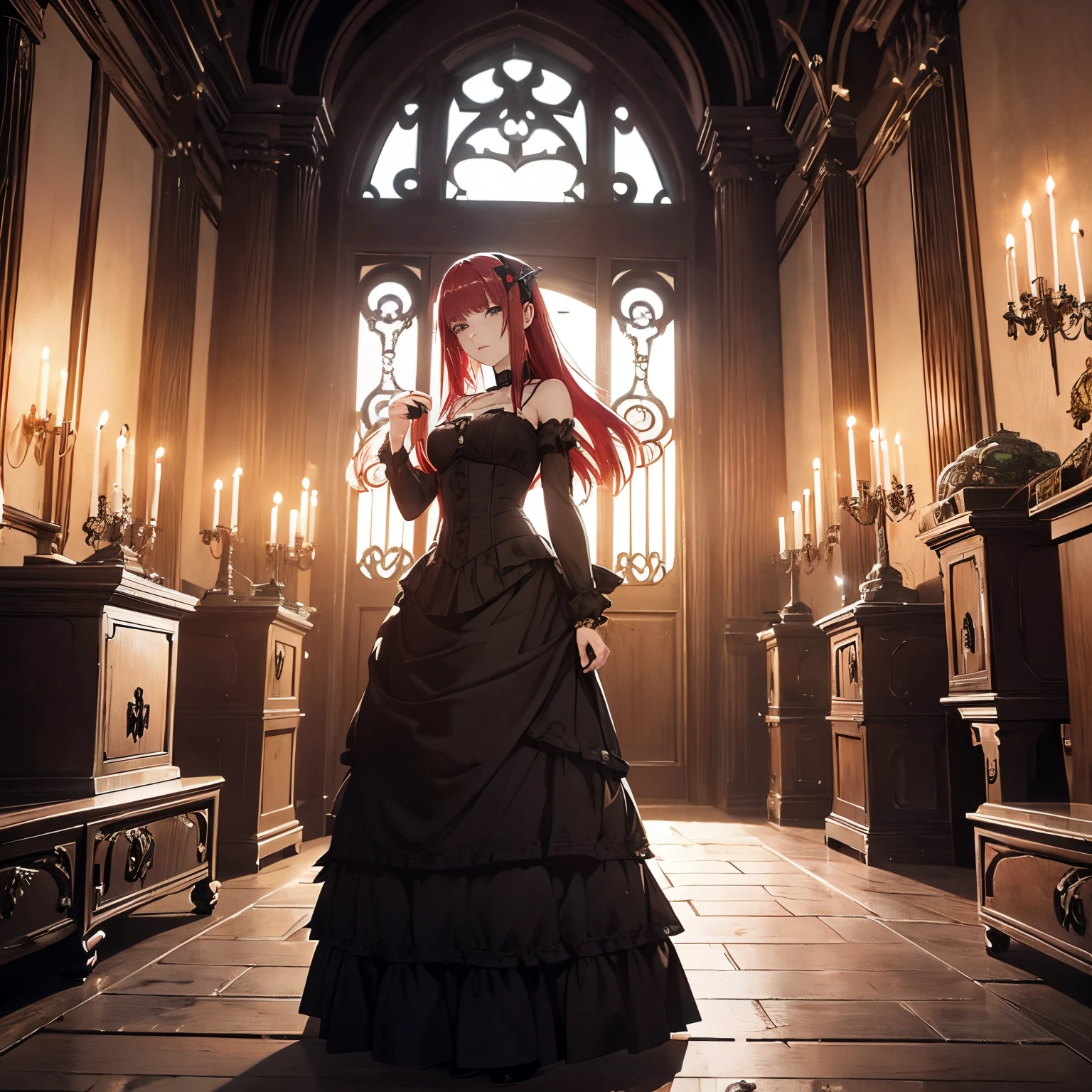 anime style panoramic image, night noite, vemos a lua cheia pela janela aberta, gothic woman VAMPIRE female, long red hair, bite marks on her neck, colonial porch door of gothic mansion, mal iluminado, luz de velas que flutuam no ar, in the legend of the mansion. Several coffins on the floor