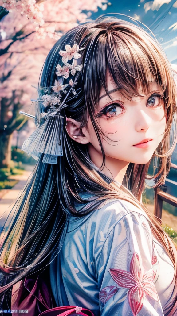 (A logo、masterpiece、8K、masutepiece、Raw photo、Fantastic、Best Quality、Photorealistic、extremely detailed CG unified 8k wallpaper、hightquality、ighly detailed、epic poem、Particle effect、Dynamic effects、depth of fields、Cinematic Light、Lens Flare、Ray tracing)、Fantasia、 (Beauty 1 person、White Japanese Clothing、Japanese dress、White cherry blossom pattern、White cherry blossom embroidery pattern、A dark-haired、Beautiful face、Real Face、Beautiful detail eyes、Beautiful skin)、Hair flutters in the wind、Hair jumps、Pink cherry blossom tree、Petals flutter、Sakura blizzard、Superb view、morning glow、Sun in the background、the wind、Deities、tusk、myth、Vast Land、