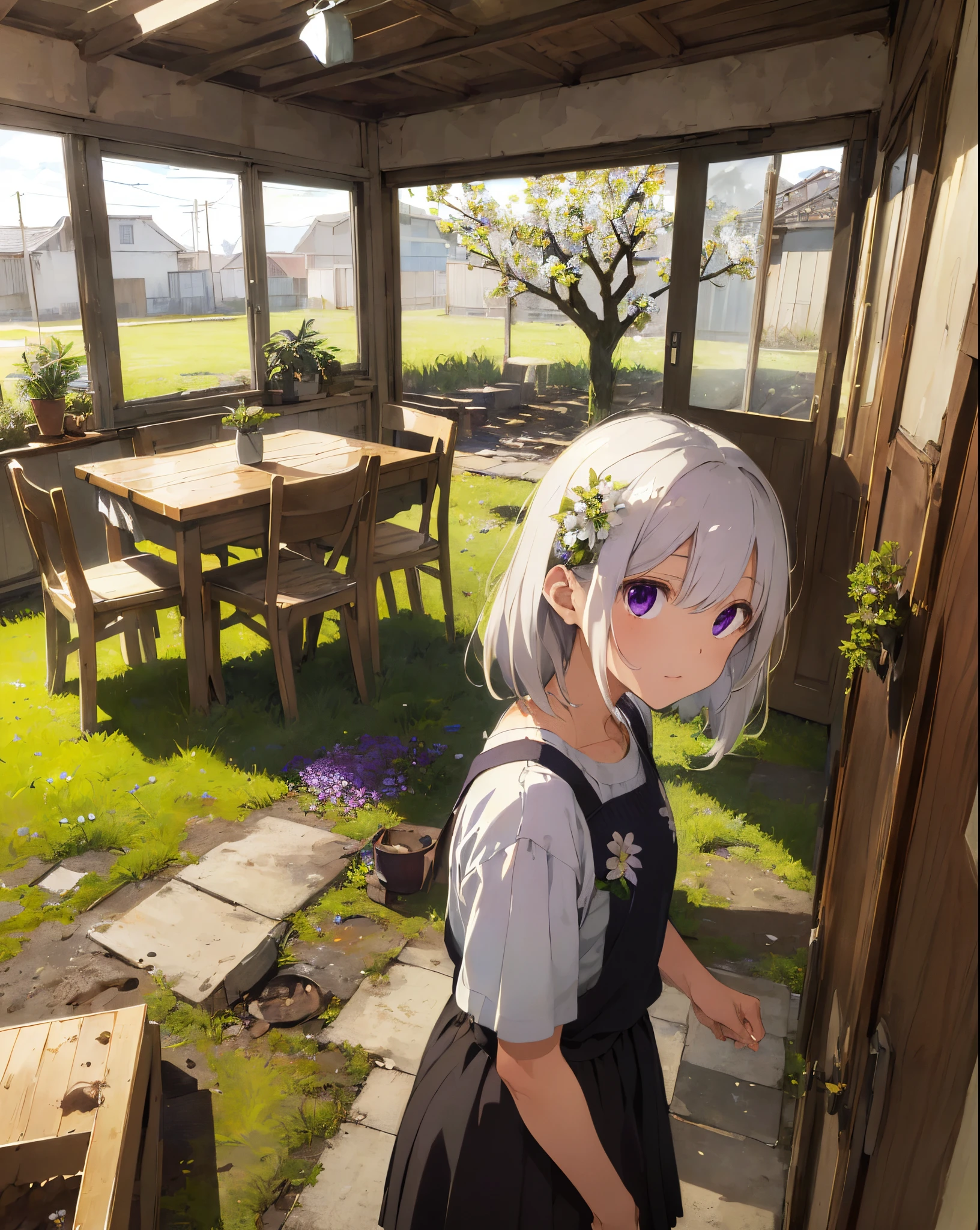 ((​masterpiece,top-quality)), (1 rapariga), Indoors, grassy, a plant, florals, The tree, abandoned, stands, The table, ornament, a bird, white  hair、Purple eyes、bobhair、Long sideburns、flower in hair, black eyes, sockes, Hold flowers