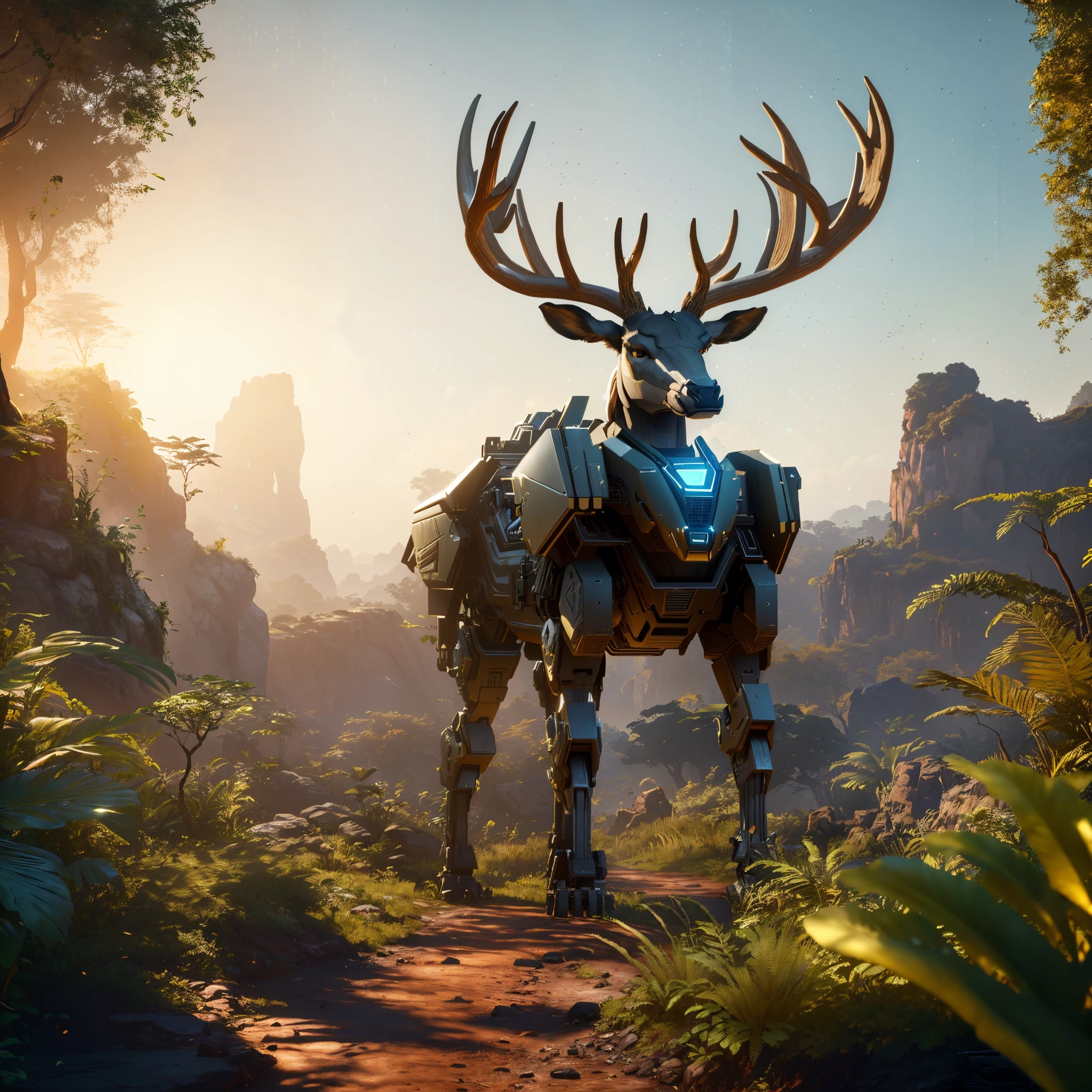 Arafe stands on a jungle path with a deer statue, made in unreal engine 5, created in unreal engine 5, Popular with Unreal Engine 5, horizon zero dawn 8 k, ( ( Unreal engine ) ), unreal engine 4k wallpaper, Unreal Engine 5 4 K UHD изображение, Unreal Engine 5 », Made on the Unreal engine