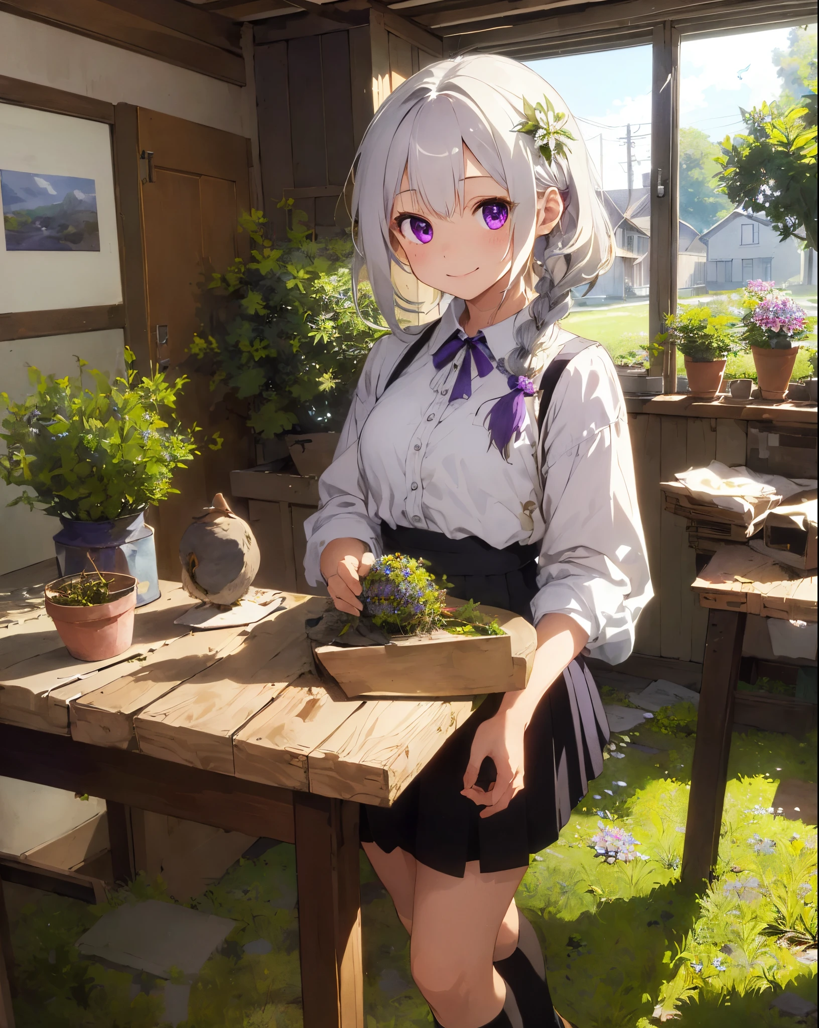 ((​masterpiece,top-quality)), (1 rapariga), Indoors, Grassy, a plant, florals, The tree, Abandoned, stands, The table, ornament detached, a bird, white  hair、Purple eyes、bobhair、Long sideburns、flower in hair, Black eyes, sockes, Hold flowers、A smile