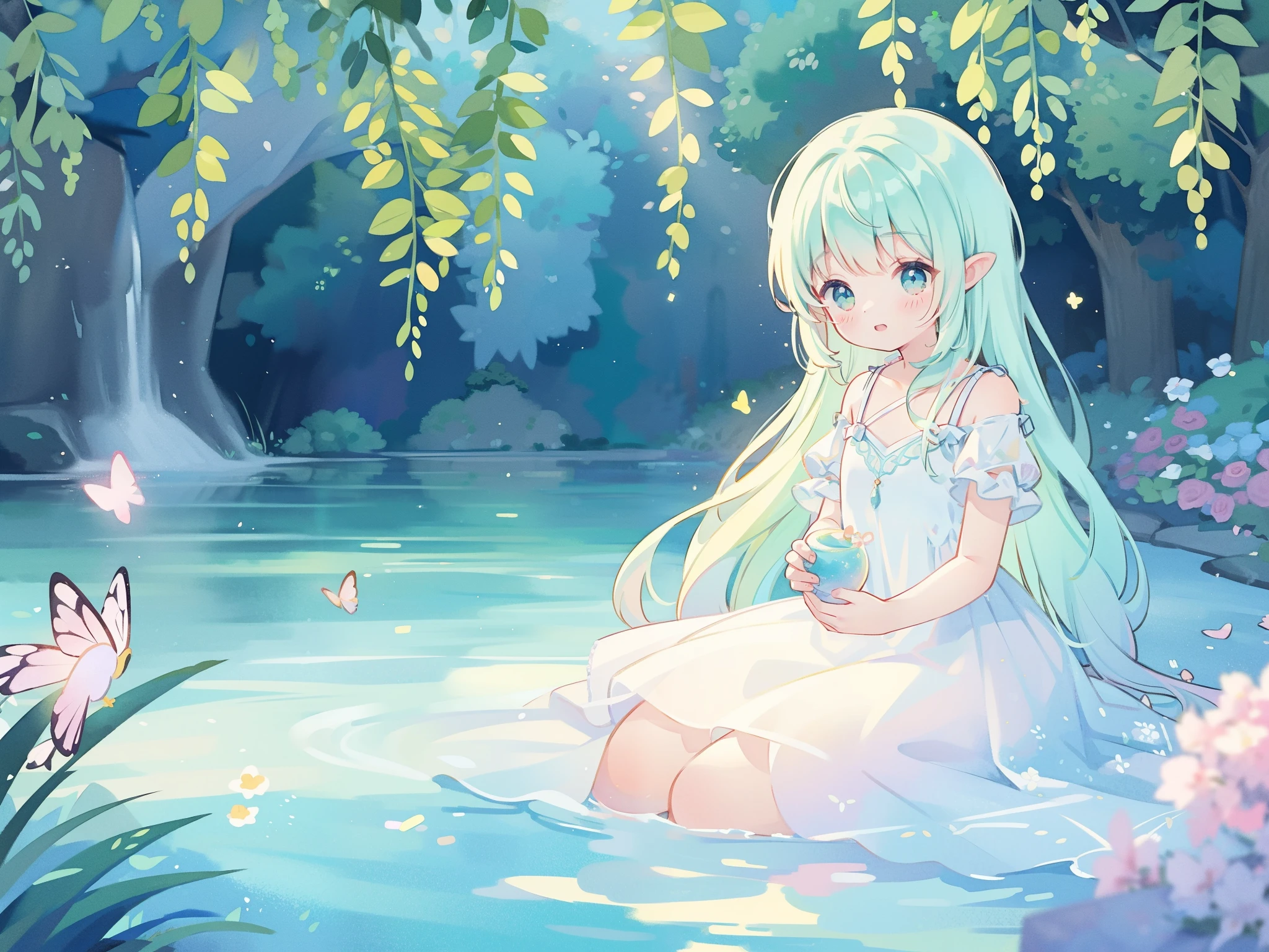 Anime girl sitting in water with butterflies and flowers - SeaArt AI