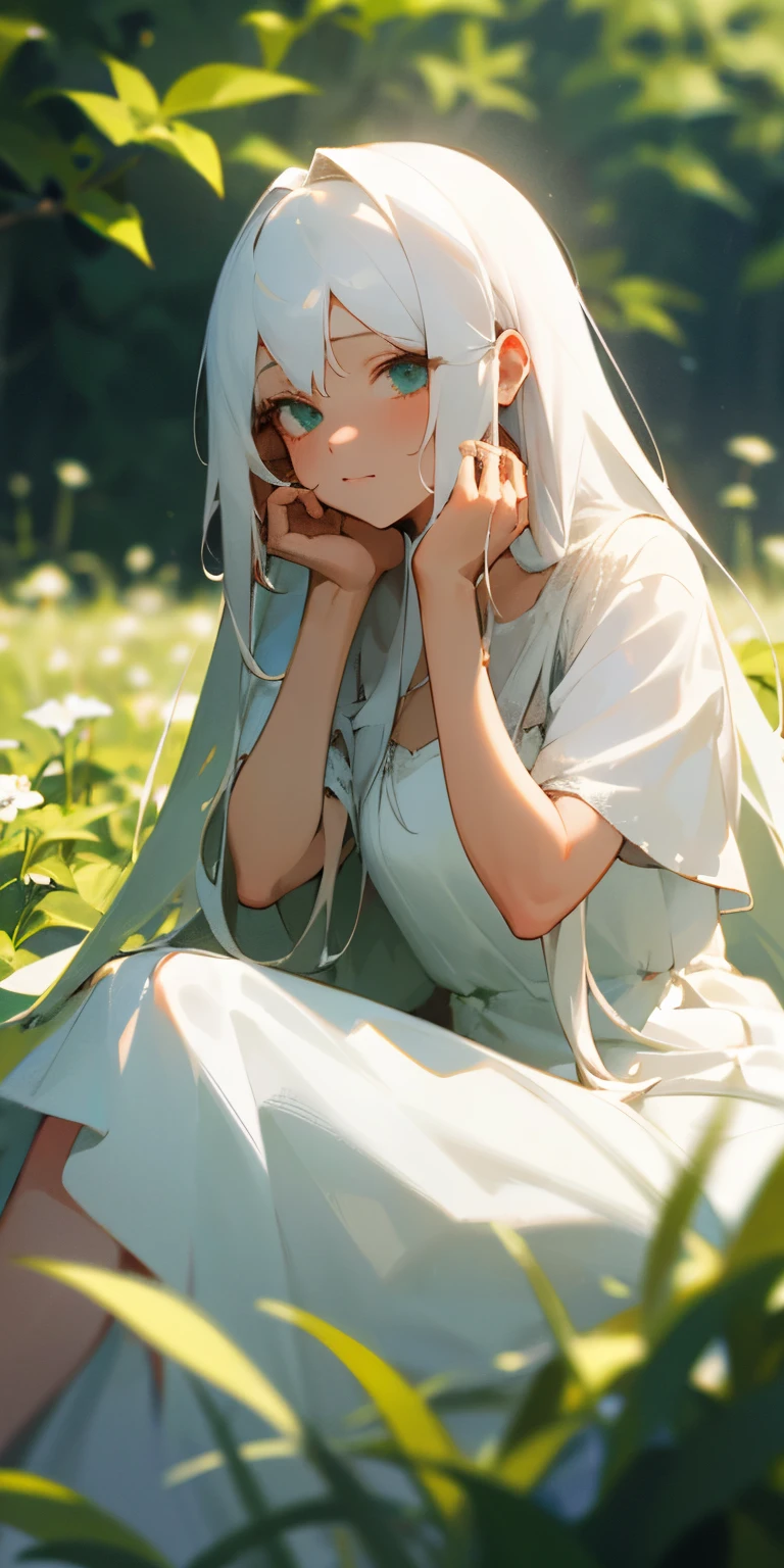 (masterpiece, best quality),1girl with long white hair sitting in a field of green plants and flowers, her hand under her chin, warm lighting, white dress, blurry foreground