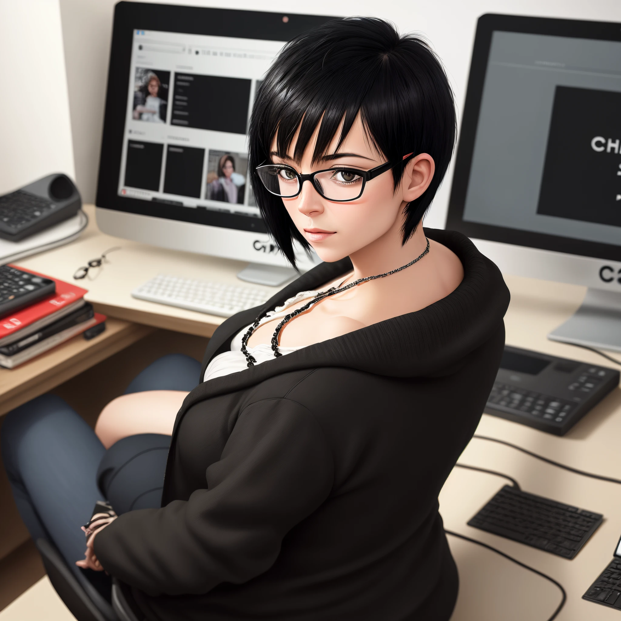Make an image like pixar a 45 year old woman with short black hair like Chanel and black square glasses sitting in an office using the computer