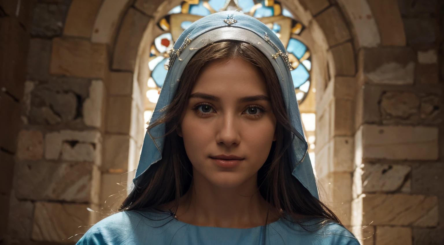 Frontal portrait of a beautiful female cleric, biblical woman, busto inteiro, biblical, Mary of Nazareth, Santa, deusa, mother of Jesus, nossa senhora, Foto centralizada, light blue and white tunic, , illuminated aura over the head, extremely loving expression, olhos azuis, cabelos castanhos. BLUE TUNIC ON THE HEAD. AURA ILUMINANDO O AMBIENTE. sorrindo, OLHOS AZUIS PENETRANTES