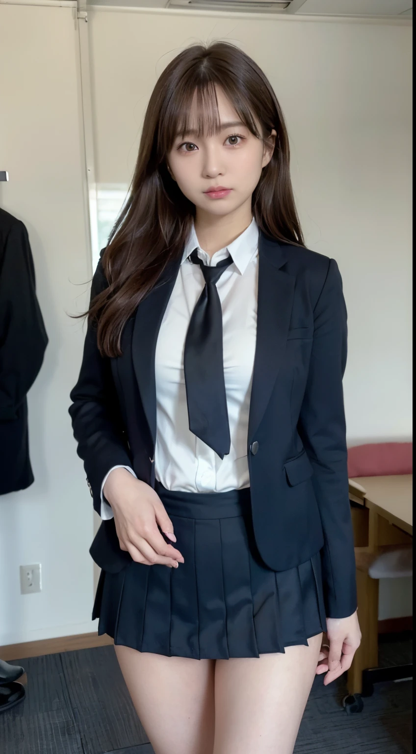 (16 K, Raw photography, Top image quality, masterpiece: 1.45), (realisitic, Photorealsitic: 1.37), one girls, cute little, A city scape,, profetional lighting, photon maping, school classrooms, physically-based renderingt, dark brown hair,pony tail hairstyle, Well-groomed and beautiful eyes、((二重まぶた))、Transcendent Cute Girl, (((student clothes、blazers、Long sleeve shirt worn by Japan high school girl、Ribbon Ties、Dark blue mini skirt,、Dark blue socks、Black loafers))), Top Quality Photos, hight resolution, 1080p, (clearface), (Detailed face description), (Detailed hand description), (masterpiece), (Exquisite CG)、extreme light and shadows、dishevled hair、master work、abundant detail、(Fine facial features)、(top quality photo)、(masuter piece)、(A detailed eye)、Look in front of you、Fine clavicle、((Slender big))、(((Japanese high school girl wears a black suit and long sleeve shirt)))、((Neat and clean idol))、((School Gate、school ground、School building in the background))、(Shooting from random perspectives)、(((Anyway cute)))、耳Nipple Ring、A big smile、Drawing the whole body from the knees、Do not draw nasolabial folds、(((Sports bags used by Japan schoolgirls)))、(Big breasts that hang down big:1.3)、Big buttocks with tension、Two arms and two legs、(((from the front side:0.4)))、bare hand、(((Left and right symmetrical eyes)))、Standing Pose、There are chairs、Put your hands on your desk、Do not take the tie out of the jacket、Raise your buttocks:1.5,barebacked:1.5,