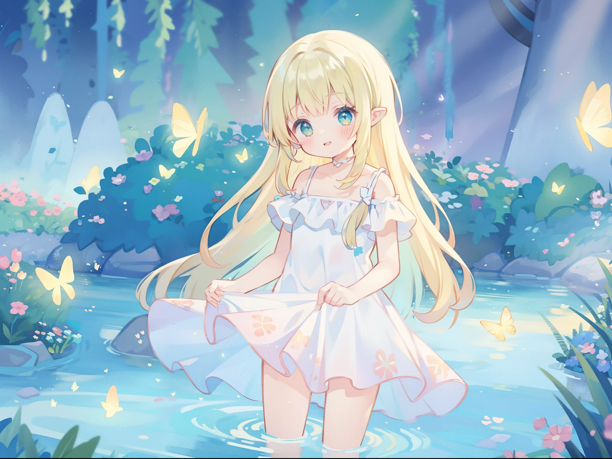 watercolor illustration, vibrant pastel colors, dreamy, colorful, whimsical, magical, masterpiece, best quality, sharp focus, intricately detailed environment, fine detail, 8k resolution, waterfall lagoon, (magical lagoon), (waterfall, lake), glowing lights, fireflies, glowing butterflies, fairy creatures, glowing fairies, beautiful girl in sparkling delicate white dress