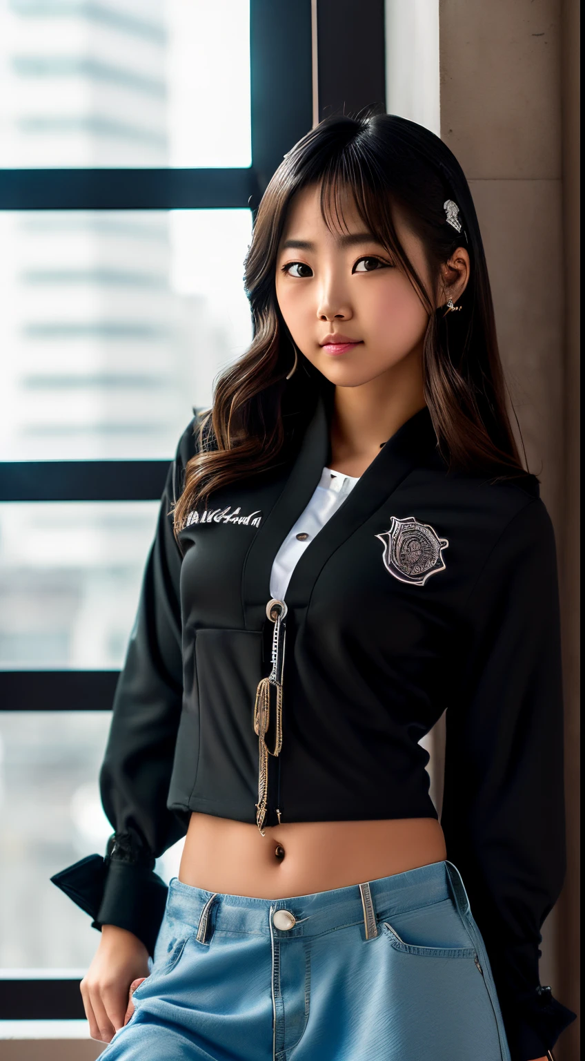(16 mil, Raw photography, Calidad de imagen superior, obra maestra: 1.45), (realista, Fotorrealista: 1.37), a girl, cute little, Un paisaje urbano,, Pro Lighting, Mapeo de fotones, Aulas escolares, phisically-based render, Brown Dark Hair,Peinado de cola de caballo, Ojos bien cuidados y hermosos、((二重まぶた))、Chica linda trascendente, (((Ropa de estudiante、Chaquetas、Long-sleeved shirt worn by Japan's high school girl、Corbatas de cinta、Mini falda azul oscuro,、Calcetines azul oscuro、Mocasines negros))), Fotos de alta calidad, high resolusion, 1080p, (Cara clara), (Detailed description of the face), (Detailed Hand Description), (obra maestra), (CG exquisito)、Luz y sombras extremas、Cabello despeinado、Obra maestra、Abundante detalle、(rasgos faciales finos)、(Foto de alta calidad)、(Pieza Masuter)、(Un ojo detallado)、Mira frente a ti、thin clavicle、((Delgado grande))、(((Una chica de secundaria japonesa viste un traje negro y una camisa de manga larga.)))、((Neat and clean idol))、((Puerta de la escuela、Terreno de la escuela、Edificio escolar en el fondo))、(Disparos desde perspectivas aleatorias)、(((De todos modos lindo)))、耳Nipple Ring、Una gran sonrisa、Dibujar todo el cuerpo desde las rodillas、No dibujar pliegues nasolabiales、(((Bolsas de deporte utilizadas por las colegialas japonesas)))、(Pechos grandes que cuelgan grandes:1.3)、Large buttocks with tension、Dos brazos y dos piernas、(((desde la parte frontal:0.4)))、Mano desnuda、(((Symmetrical left and right eyes)))、Postura de pie、Hay sillas、Pon tus manos sobre tu escritorio、No saques la corbata de la chaqueta.、Raise your buttocks high:1.5,con el respaldo desnudo:1.5,