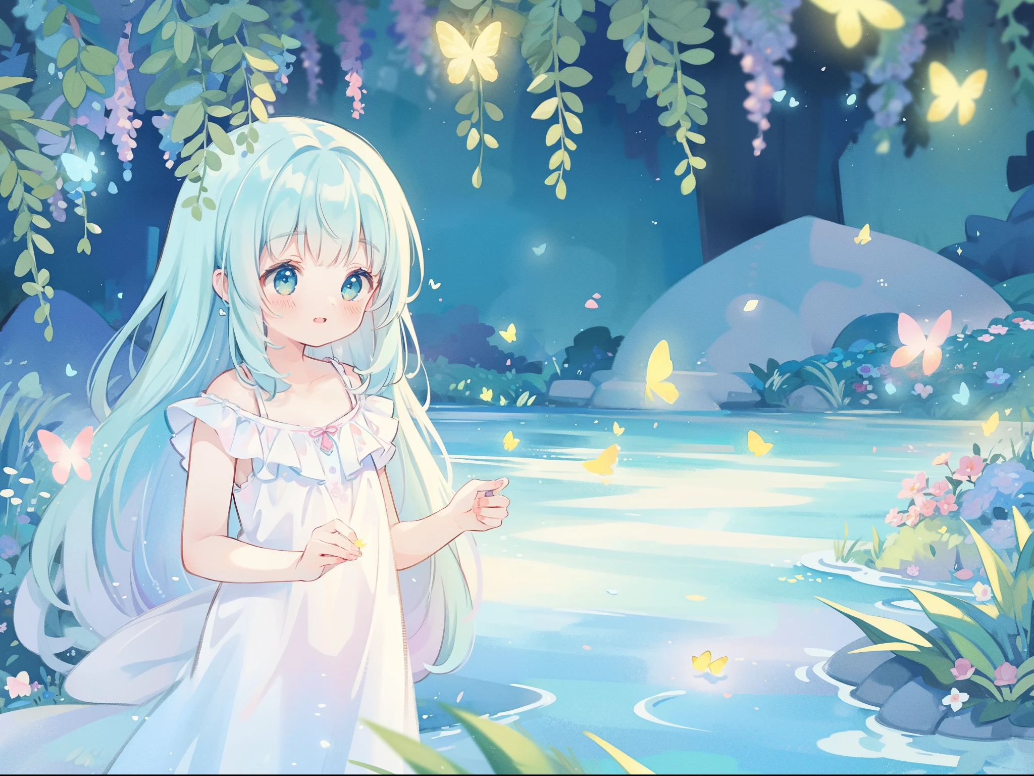 watercolor illustration, vibrant pastel colors, dreamy, colorful, whimsical, magical, masterpiece, best quality, sharp focus, intricately detailed environment, fine detail, 8k resolution, waterfall lagoon, (magical lagoon), (waterfall, lake), glowing lights, fireflies, glowing butterflies, fairy creatures, glowing fairies, beautiful girl in sparkling delicate white dress