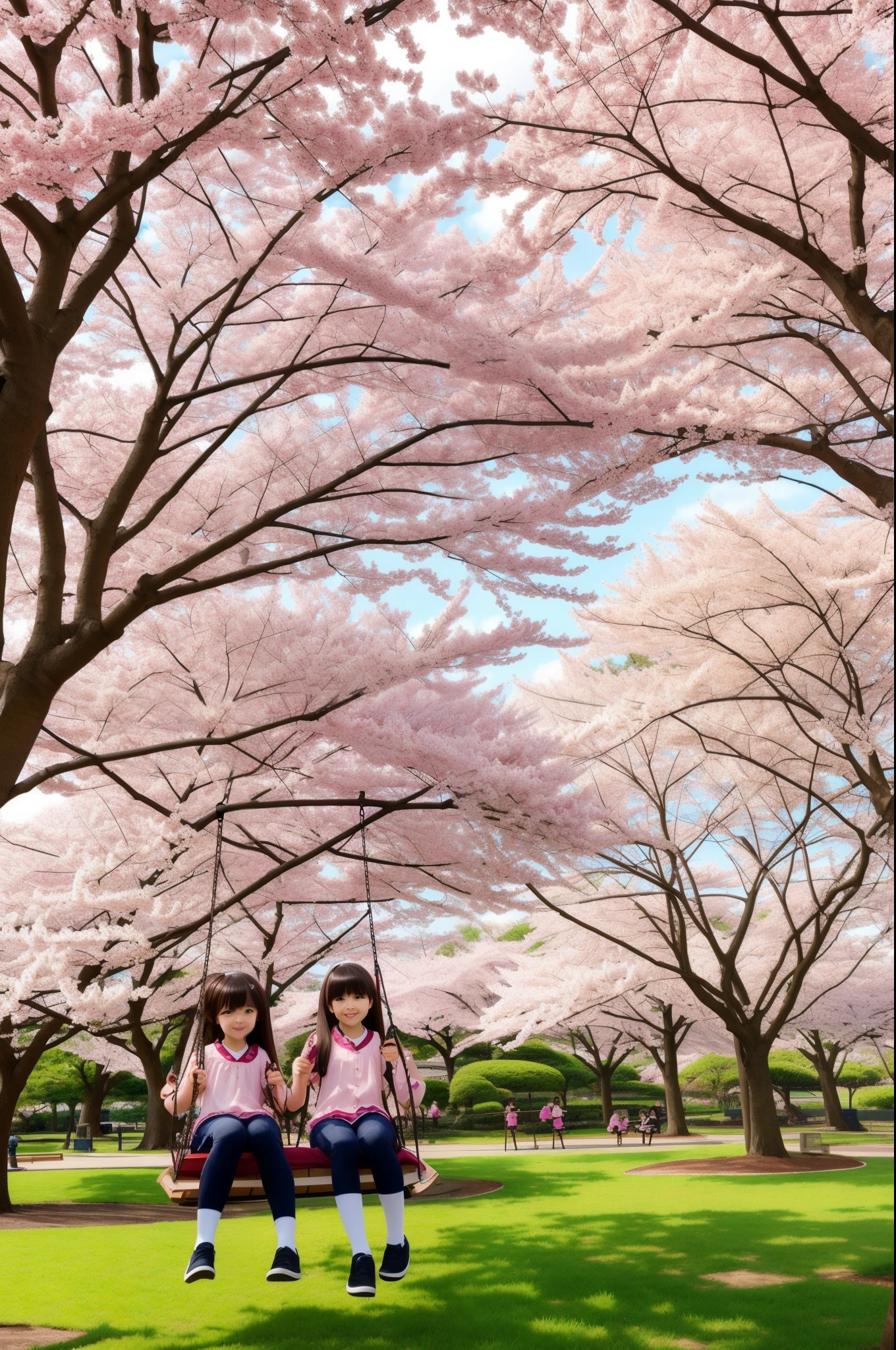 Twin girls are riding a swing together in a park where cherry blossoms are in full bloom.。Anime style。